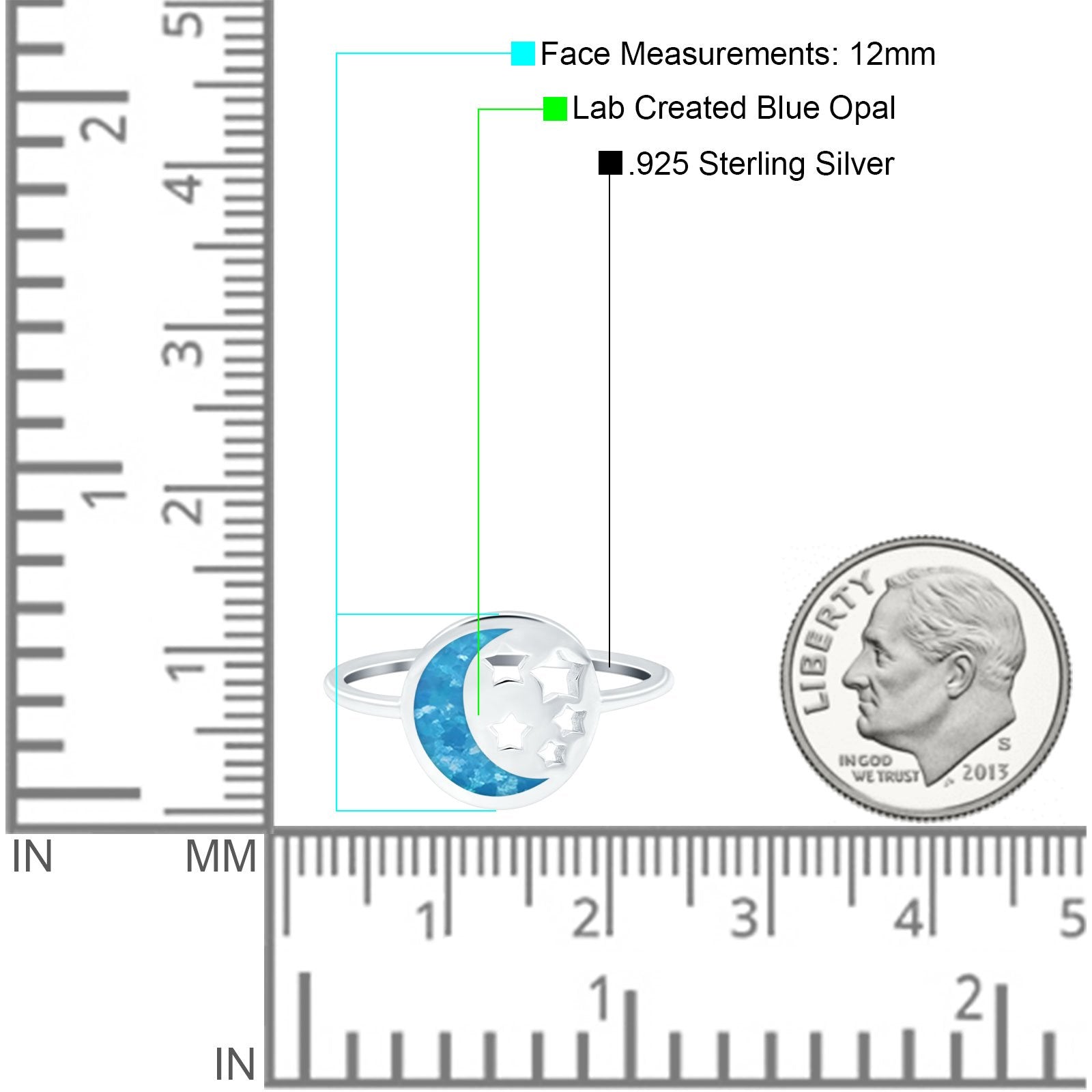 Moon and Stars Ring Band Lab Created Opal 925 Sterling Silver (12mm)