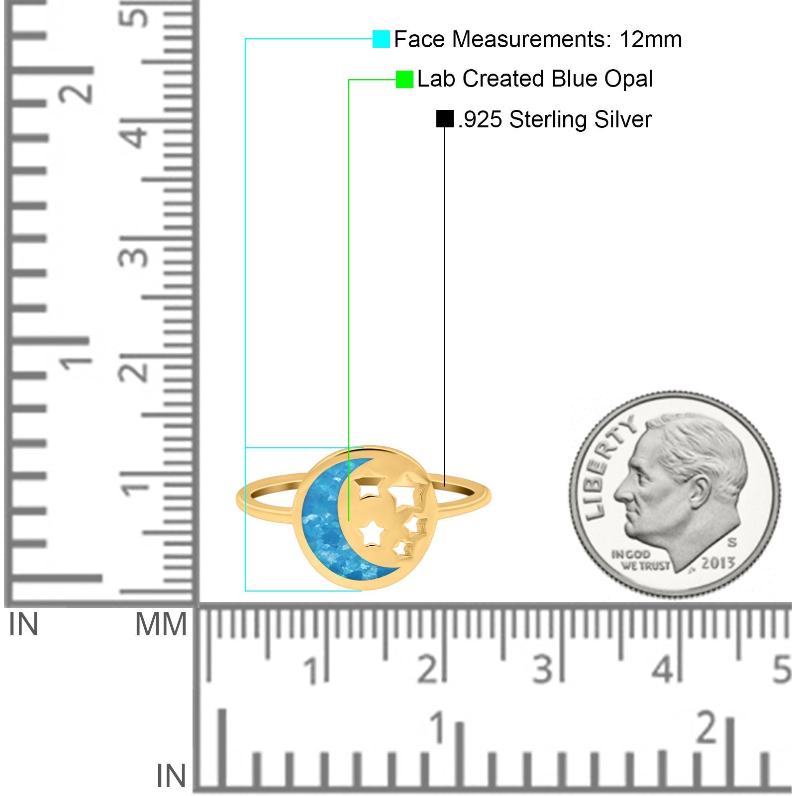 Moon and Stars Ring Band Lab Created Opal 925 Sterling Silver (12mm)