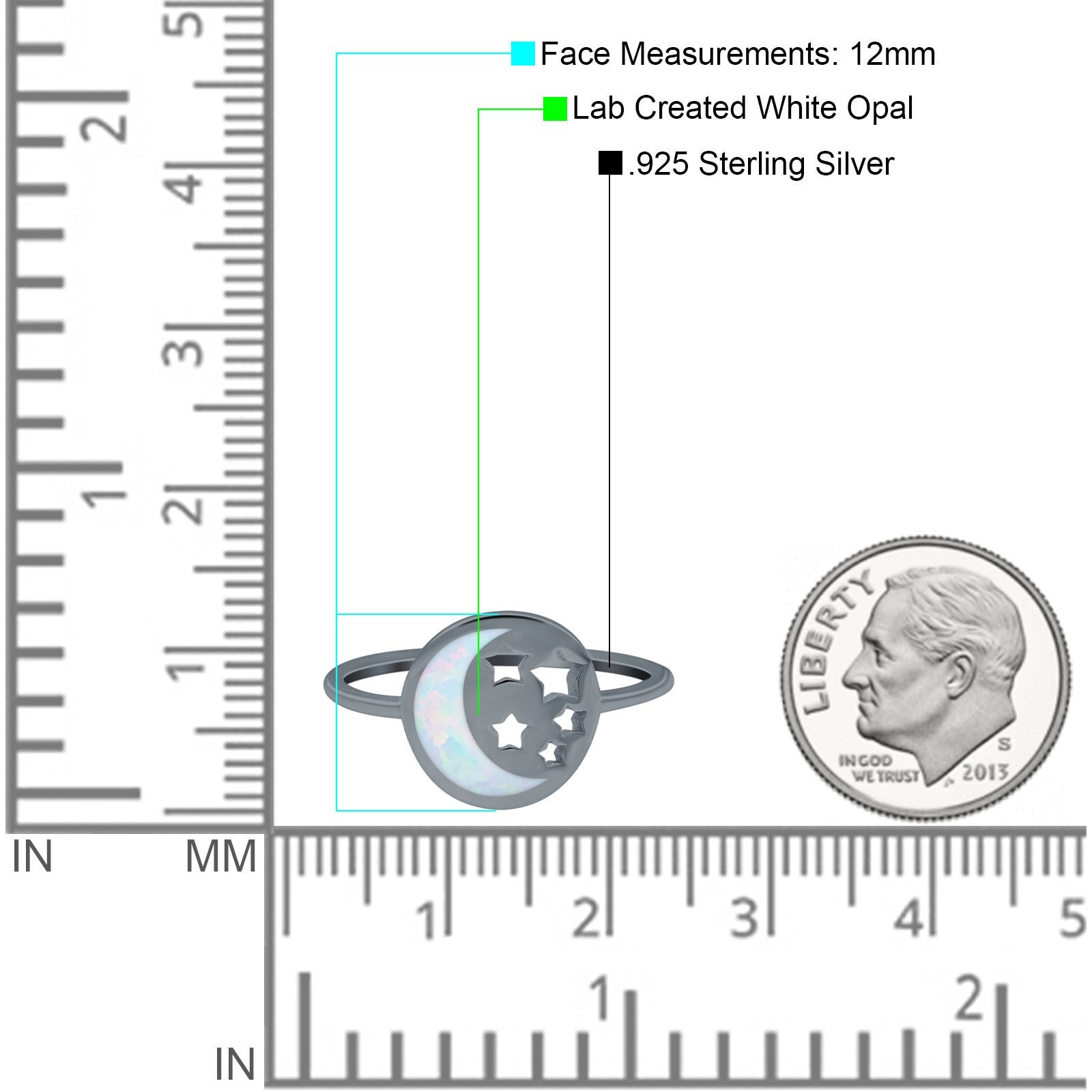 Moon and Stars Ring Band Lab Created Opal 925 Sterling Silver (12mm)