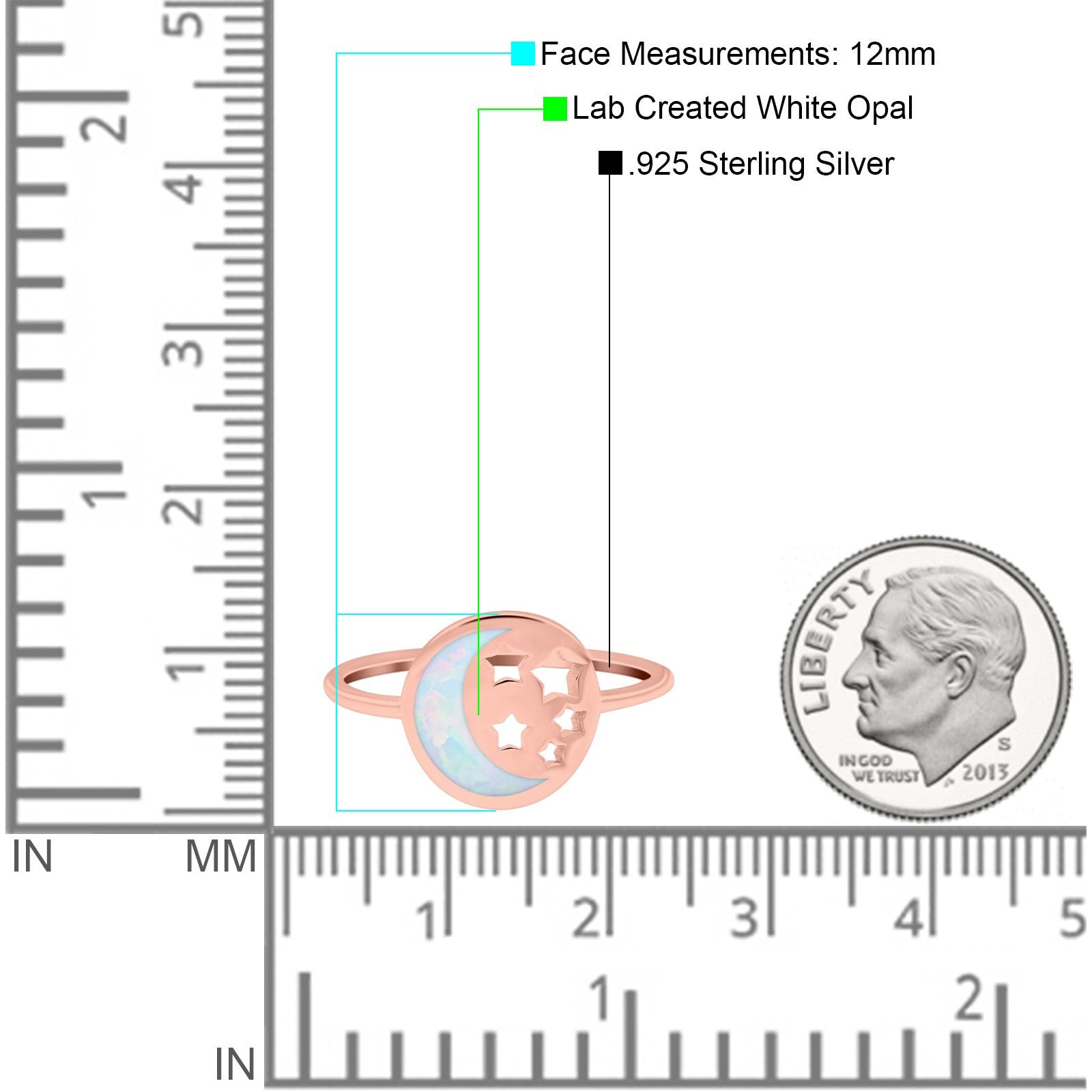 Moon and Stars Ring Band Lab Created Opal 925 Sterling Silver (12mm)