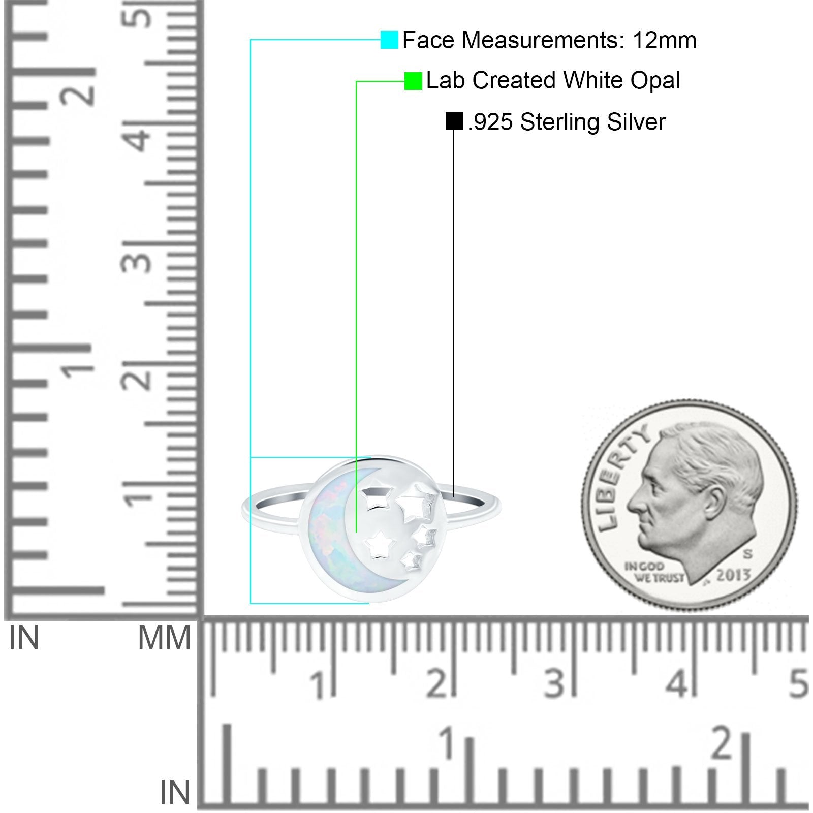 Moon and Stars Ring Band Lab Created Opal 925 Sterling Silver (12mm)