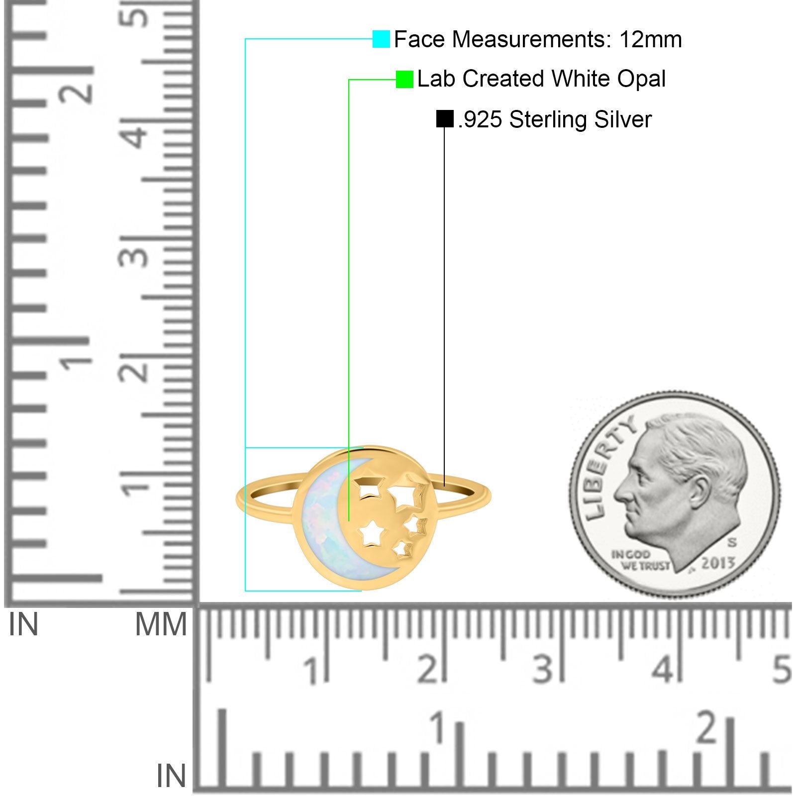 Moon and Stars Ring Band Lab Created Opal 925 Sterling Silver (12mm)