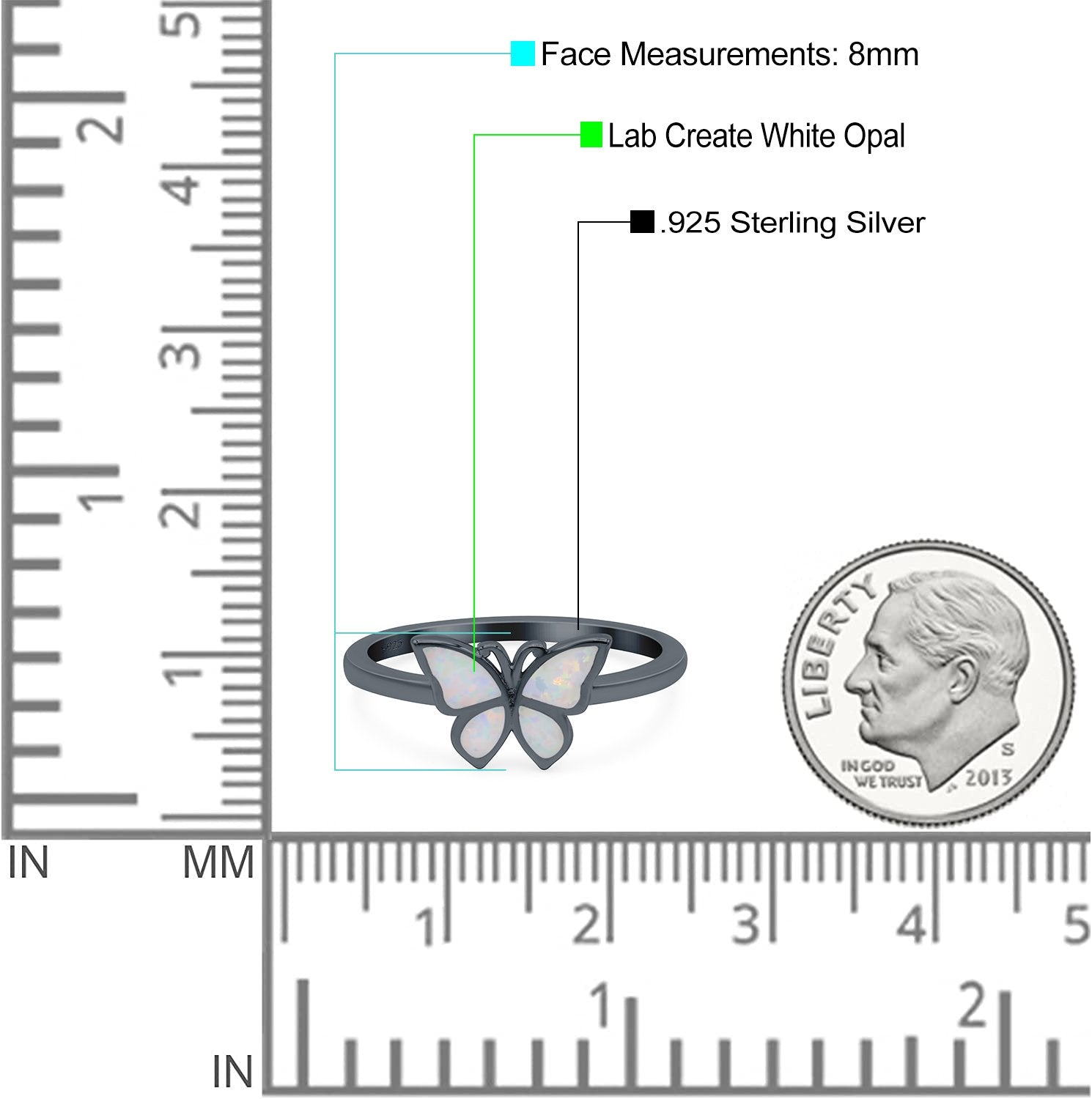 Butterfly Ring Band Lab Created Opal 925 Sterling Silver (8mm)