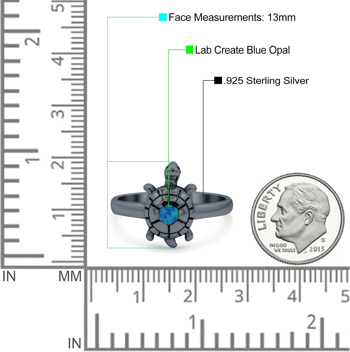 Turtle Ring Lab Created Opal 925 Sterling Silver (13mm)