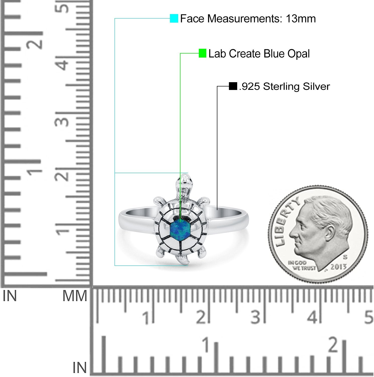 Turtle Ring Lab Created Opal 925 Sterling Silver (13mm)