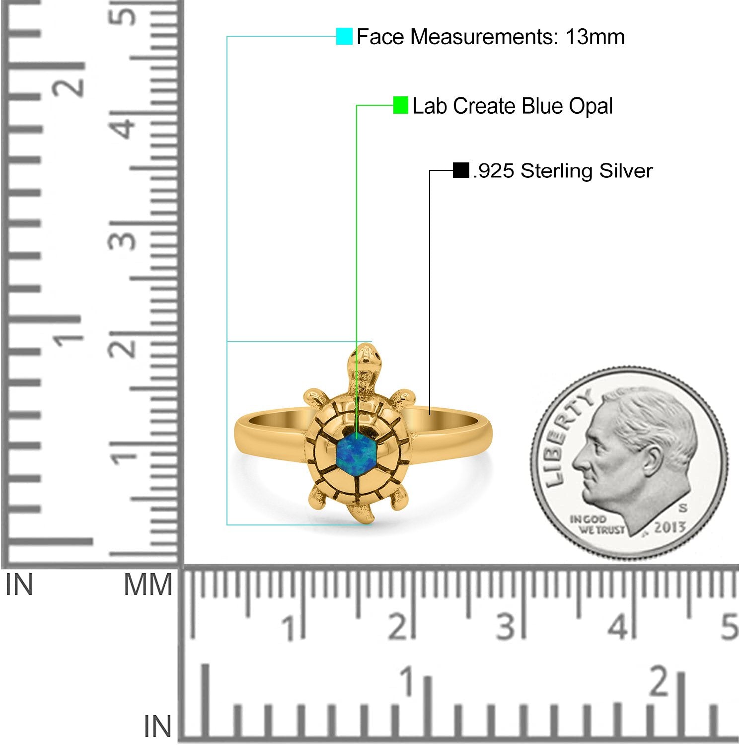 Turtle Ring Lab Created Opal 925 Sterling Silver (13mm)