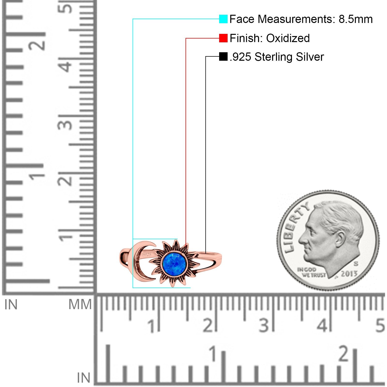 Sun & Moon Ring Lab Created Blue Opal Oxidized Round 925 Sterling Silver