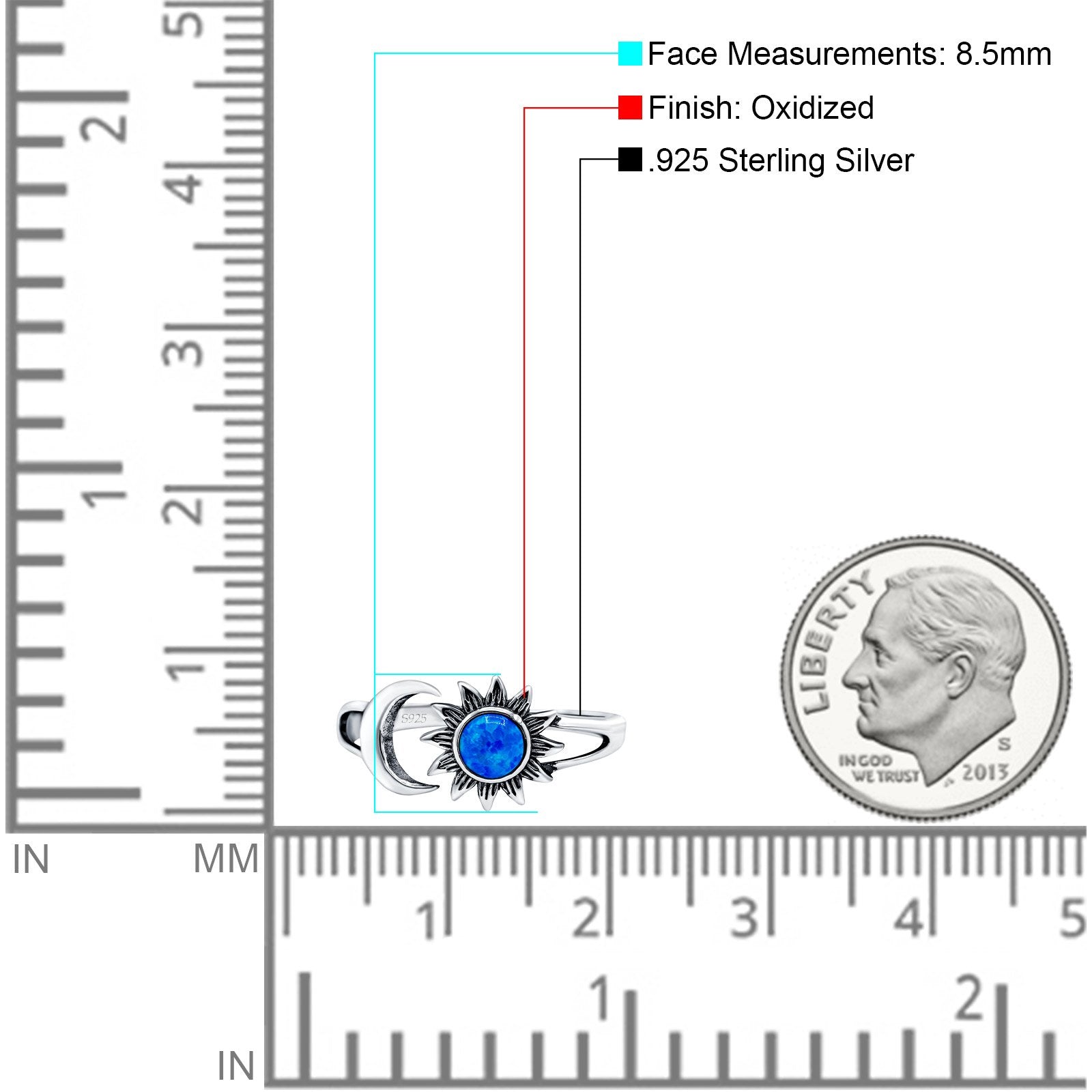 Sun & Moon Ring Lab Created Blue Opal Oxidized Round 925 Sterling Silver
