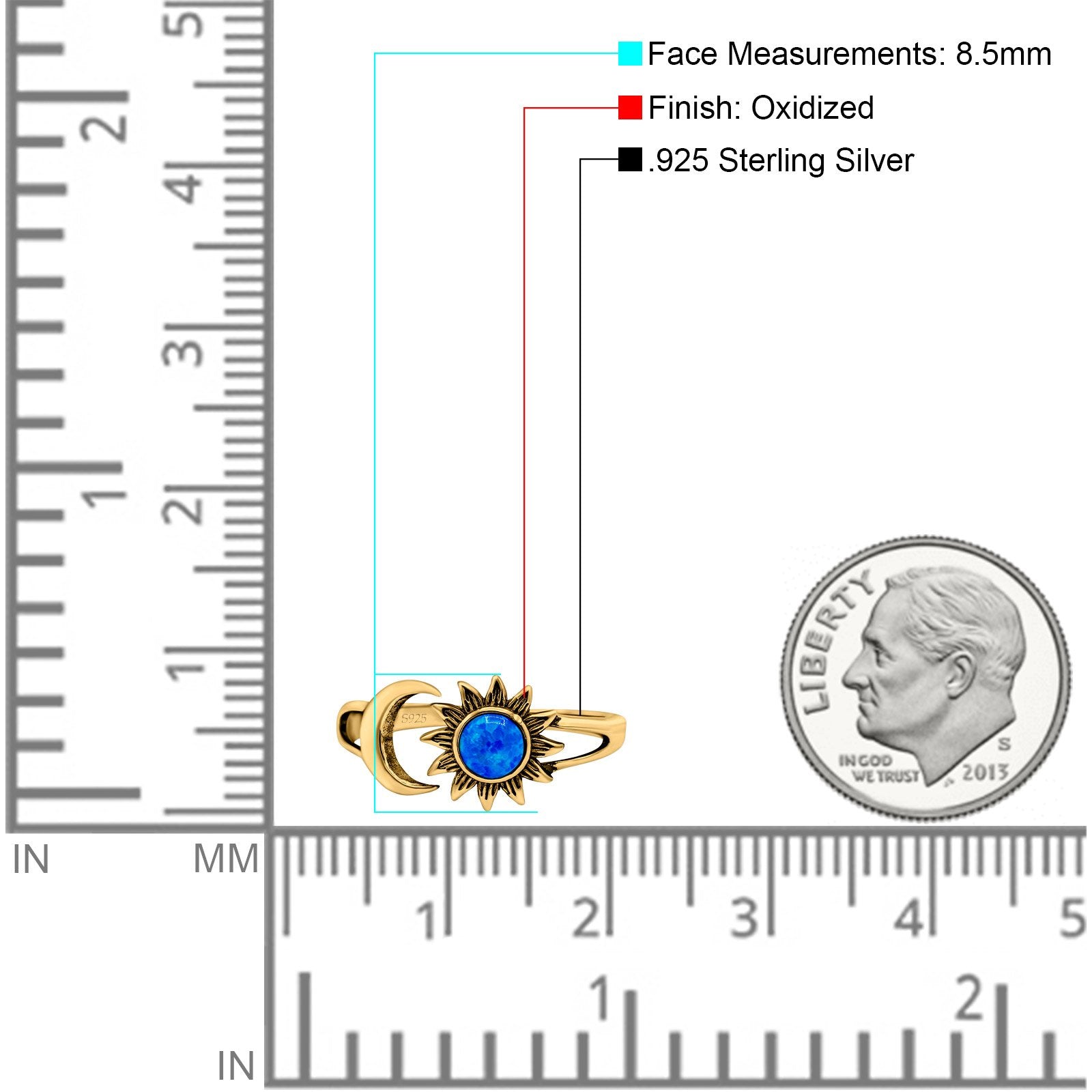Sun & Moon Ring Lab Created Blue Opal Oxidized Round 925 Sterling Silver