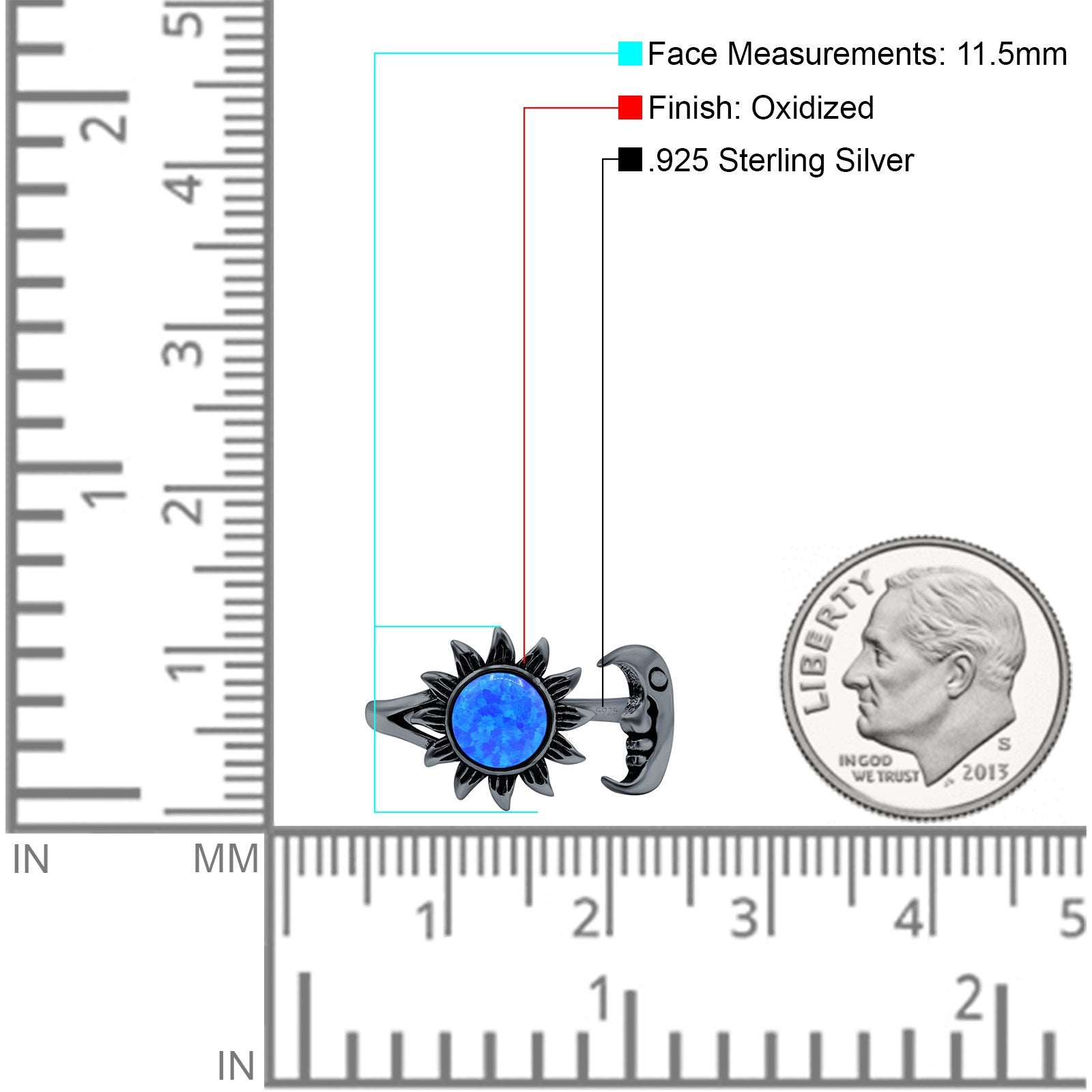 Sun & Moon Ring Lab Created Blue Opal Oxidized Round 925 Sterling Silver