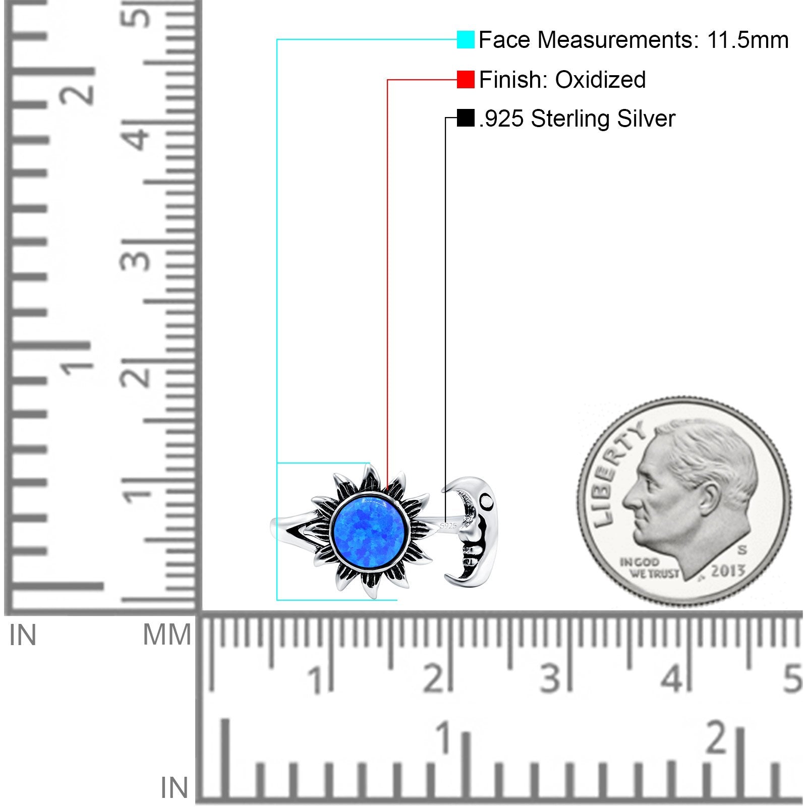 Sun & Moon Ring Lab Created Blue Opal Oxidized Round 925 Sterling Silver