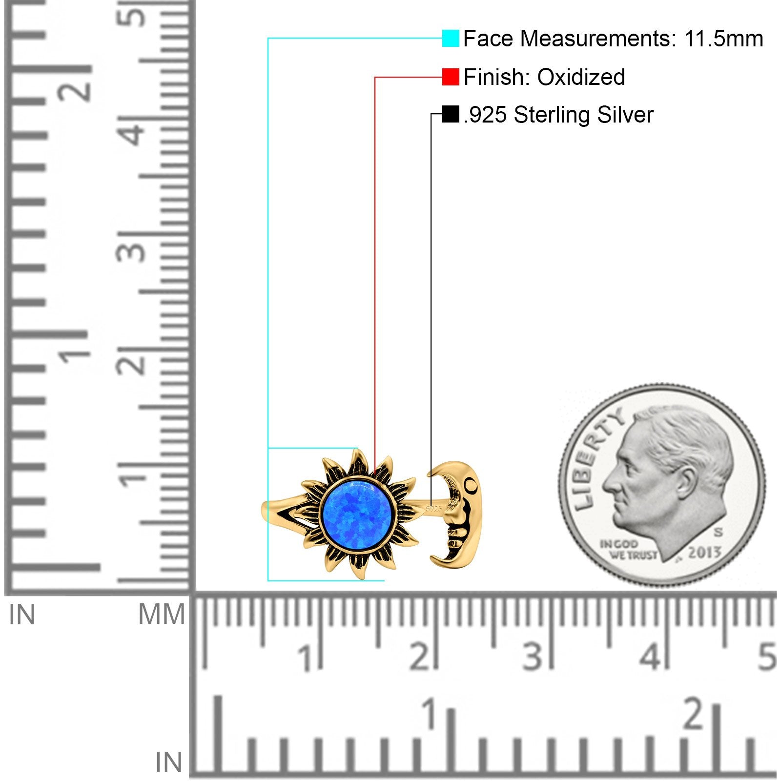 Sun & Moon Ring Lab Created Blue Opal Oxidized Round 925 Sterling Silver