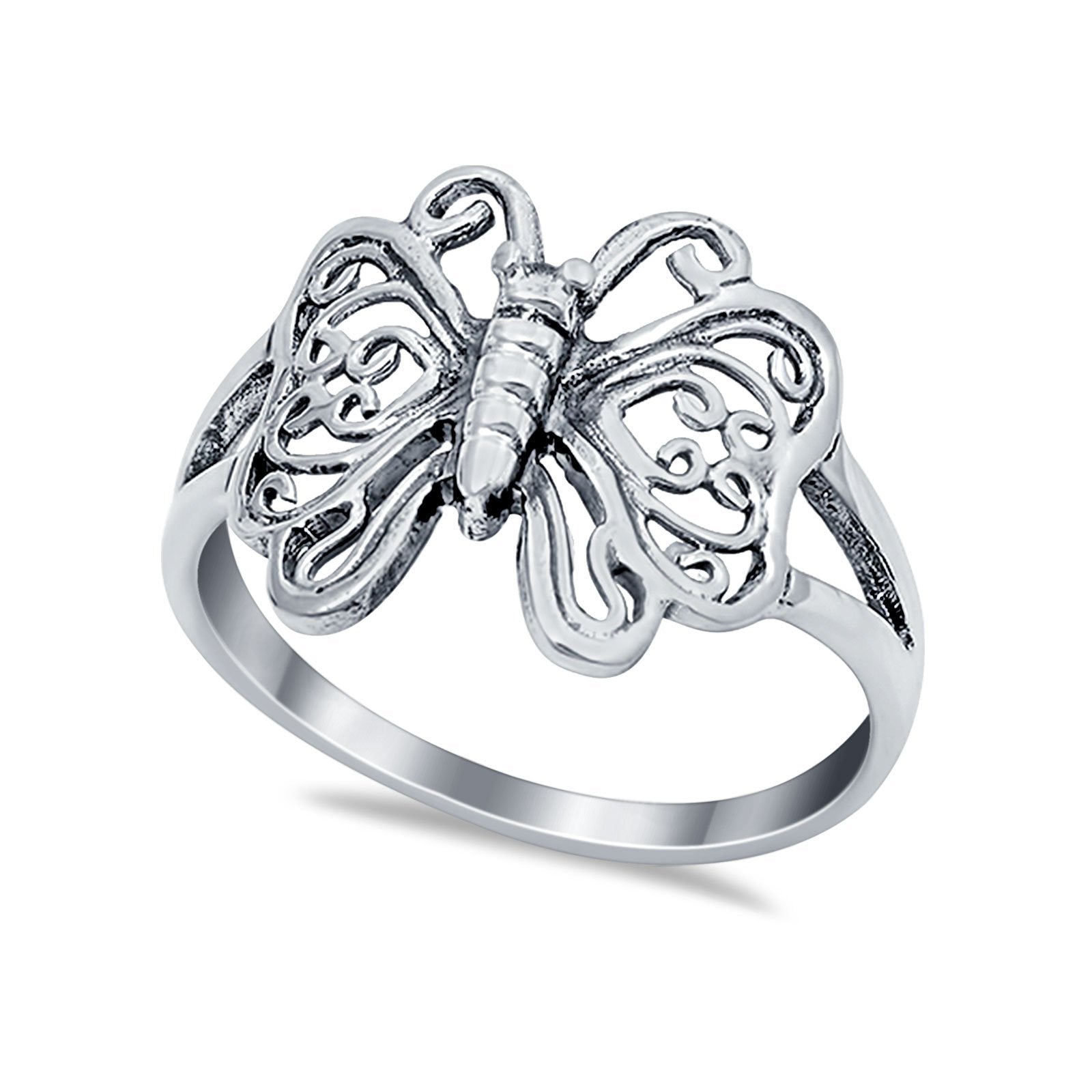 Sterling Silver Heart Filigree Butterfly Ring Band Round 925 Sterling Silver