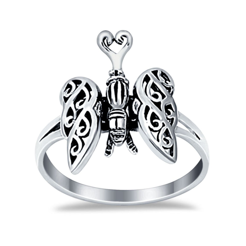 Butterfly Ring Heart Filigree Butterfly Band Round 925 Sterling Silver