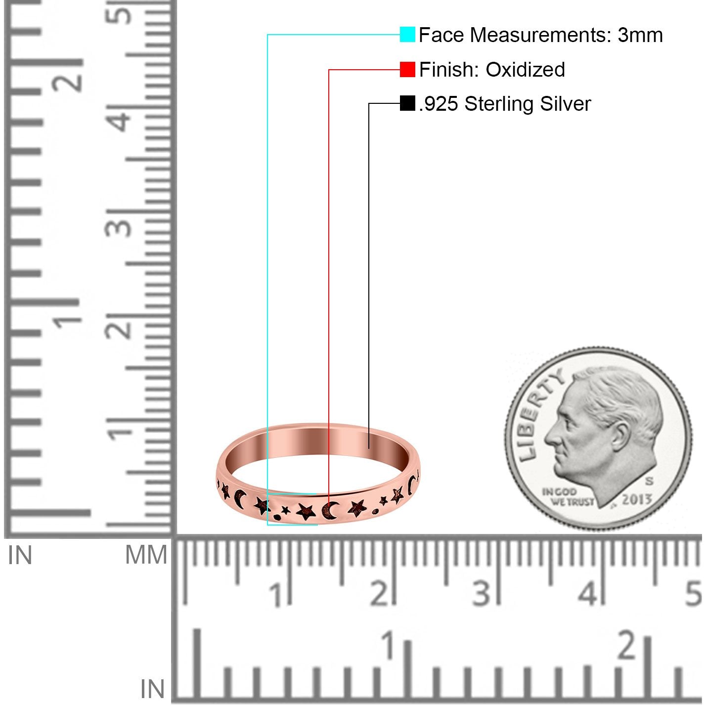 Stars Moon Ring Band 925 Sterling Silver Moon Star Band