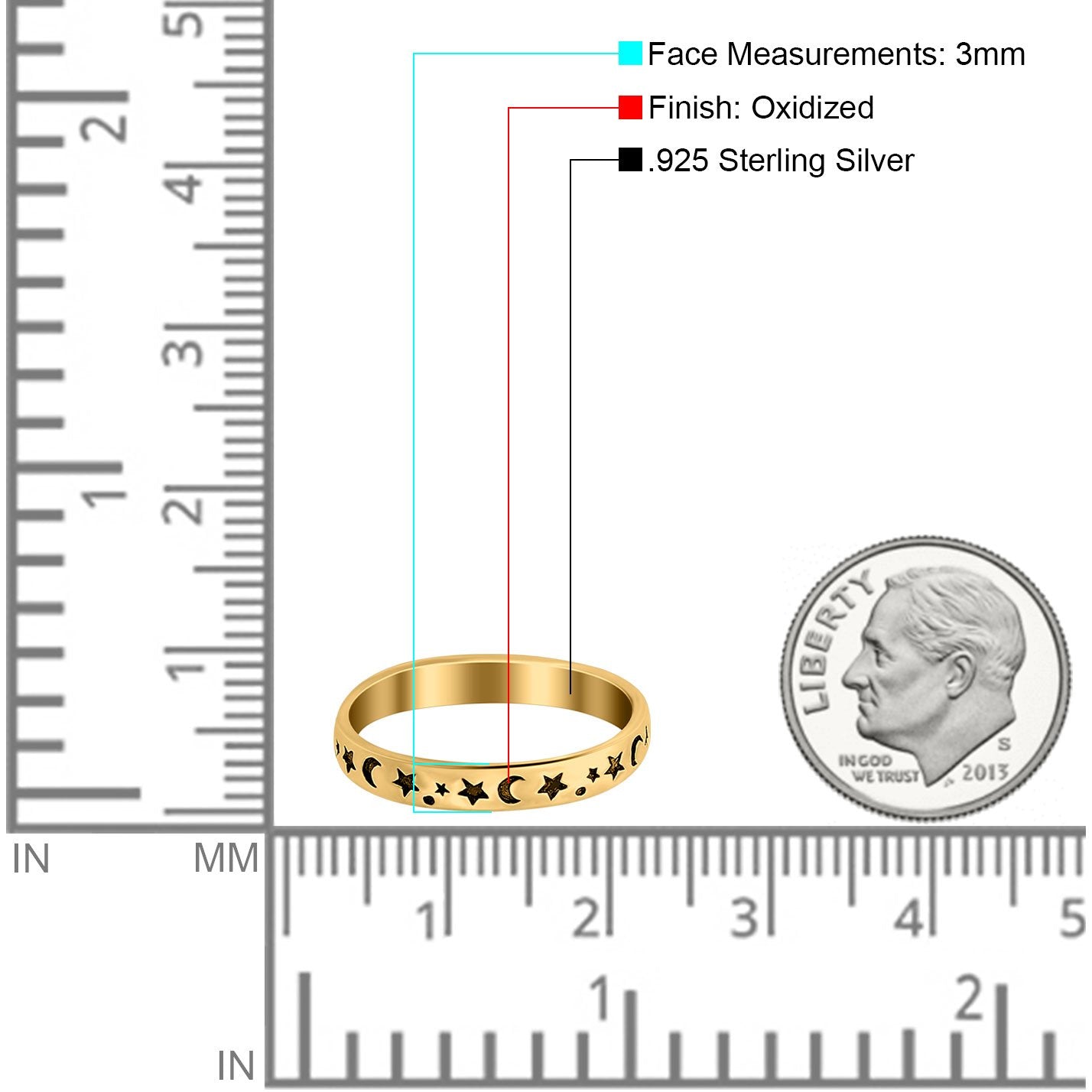 Stars Moon Ring Band 925 Sterling Silver Moon Star Band