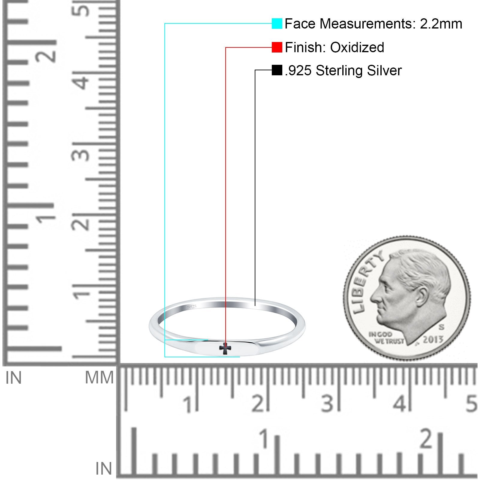 Small Cross Ring Oxidized Band Solid 925 Sterling Silver Thumb Ring (2.2mm)