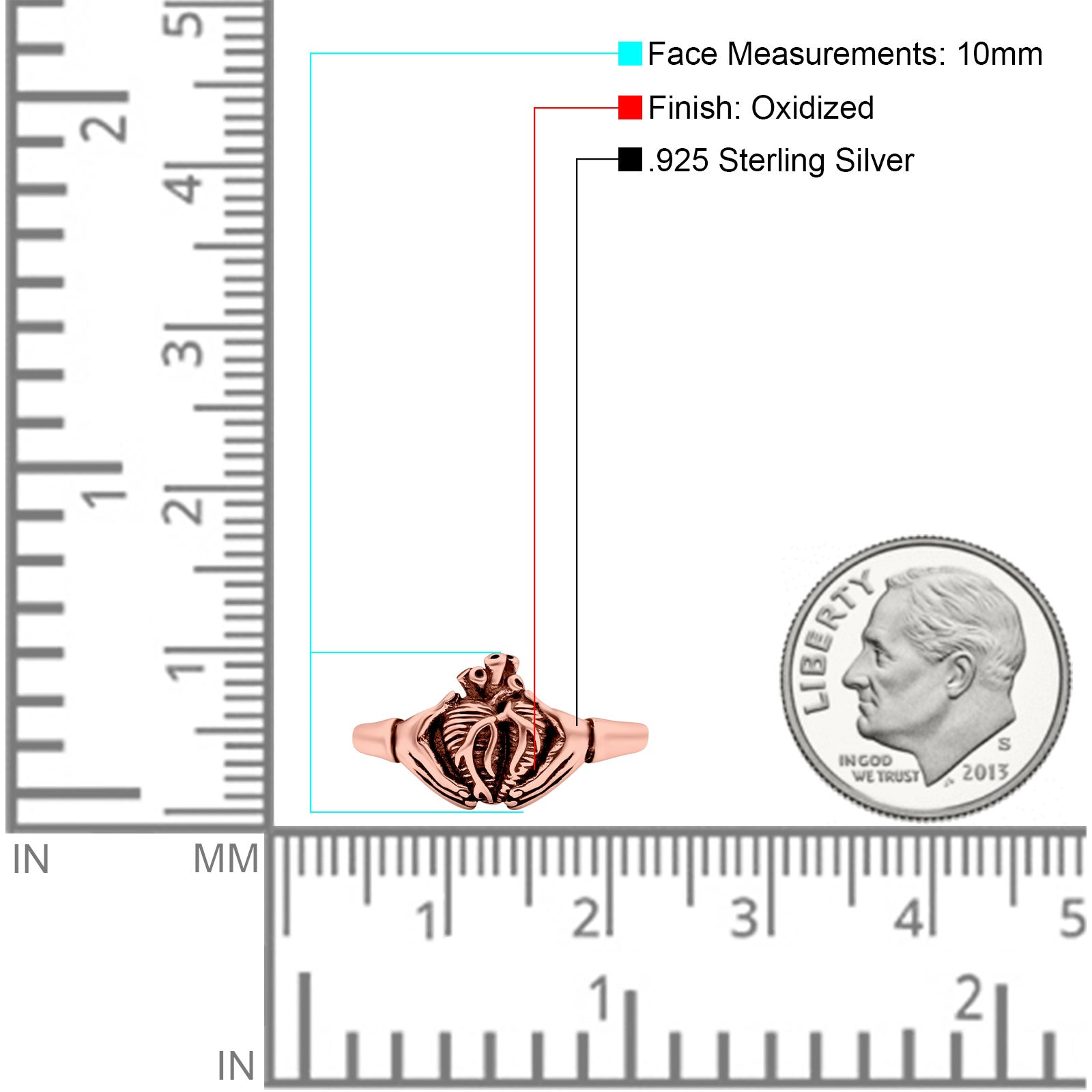 Human Heart Ring Oxidized Band Solid 925 Sterling Silver Thumb Ring (10mm)