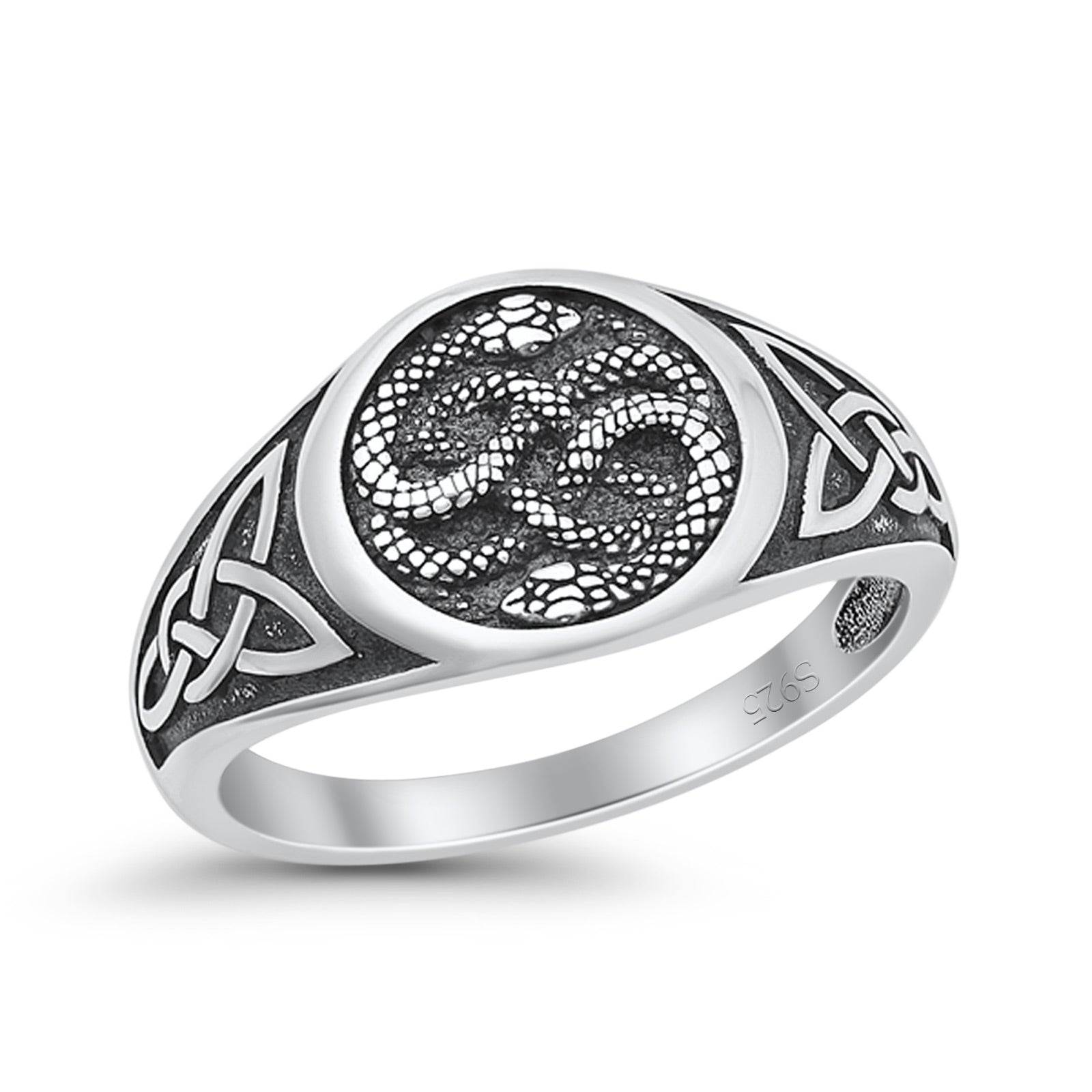 Iconic Celtic Snakes Triquetra Knot Artisan Oxidized Finish Statement Band Solid 925 Sterling Silver Thumb Ring (12mm)