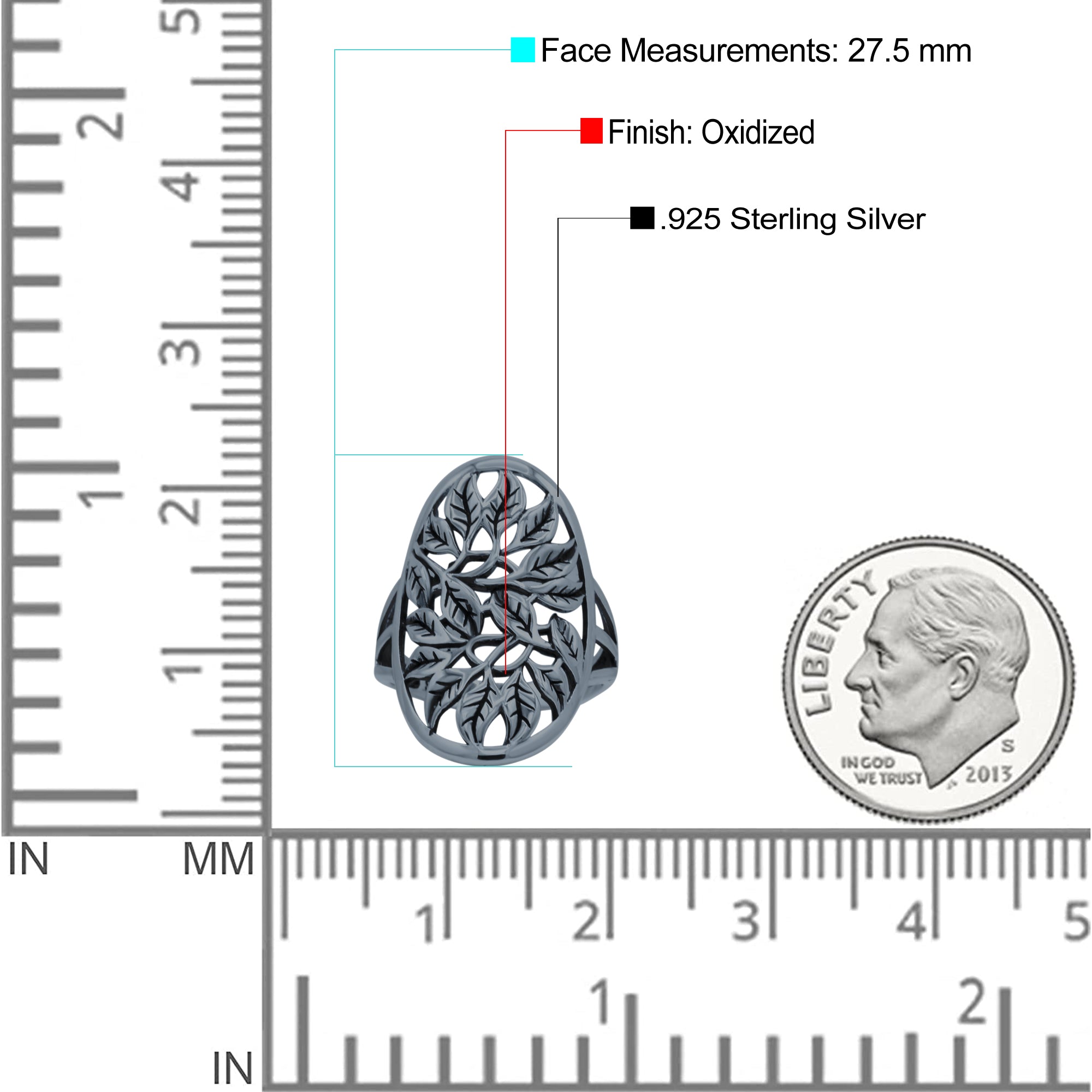 Filigree Leaves Circle Charm Tree of Life Statement Oxidized Band Solid 925 Sterling Silver Thumb Ring (27.5mm)
