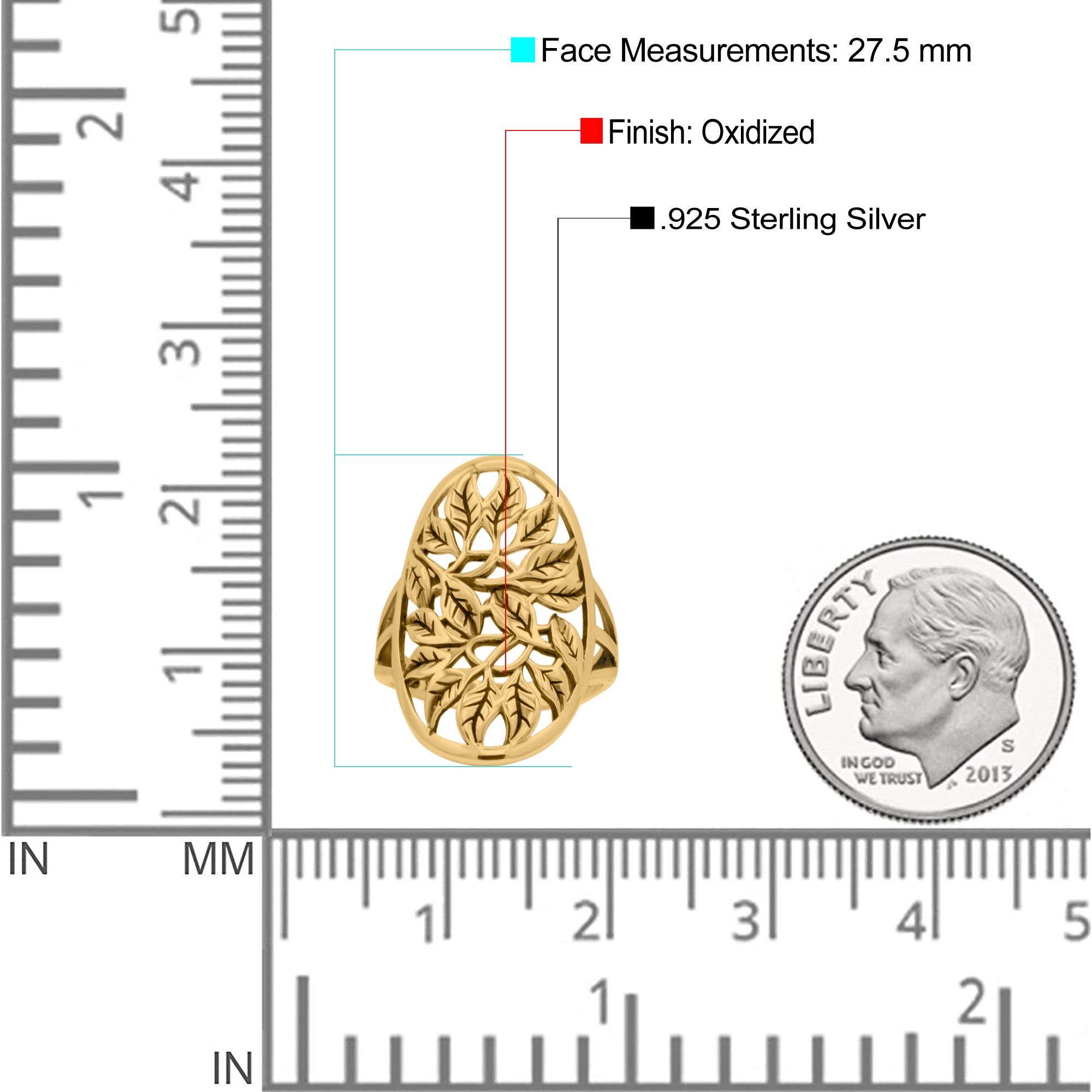 Filigree Leaves Circle Charm Tree of Life Statement Oxidized Band Solid 925 Sterling Silver Thumb Ring (27.5mm)