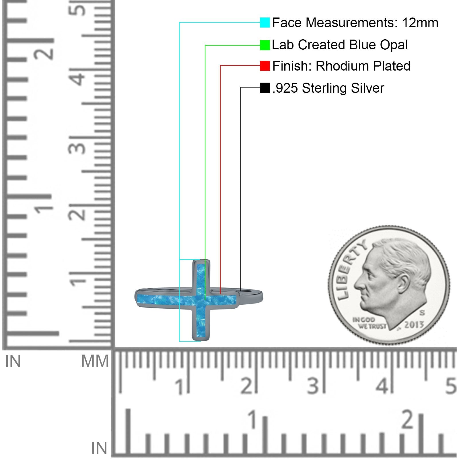 Sideways Cross Ring Rhodium Plated Band Lab Created Opal 925 Sterling Silver (12mm)