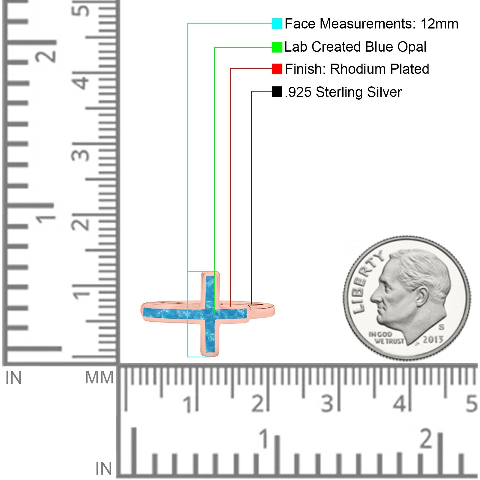 Sideways Cross Ring Rhodium Plated Band Lab Created Opal 925 Sterling Silver (12mm)