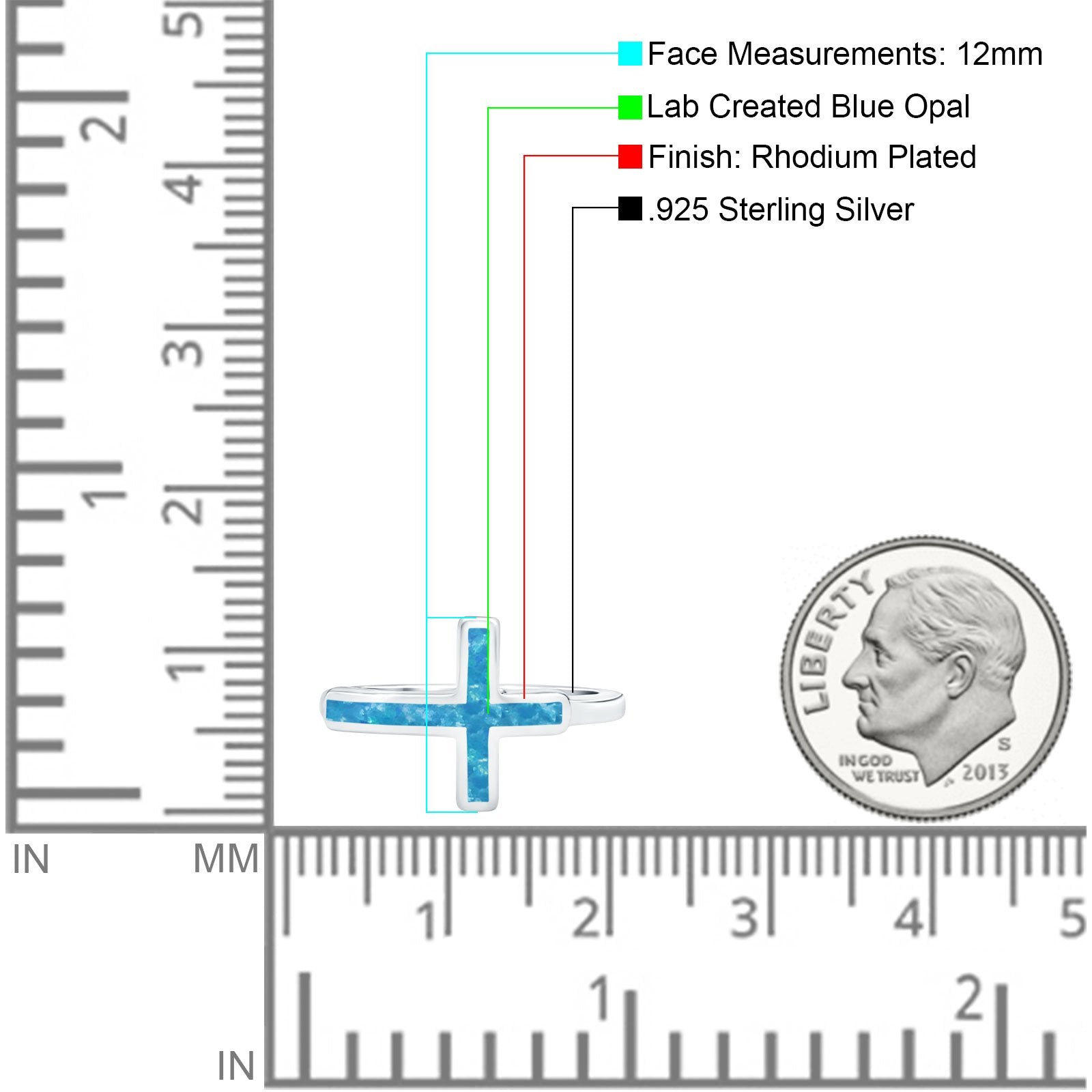 Sideways Cross Ring Rhodium Plated Band Lab Created Opal 925 Sterling Silver (12mm)