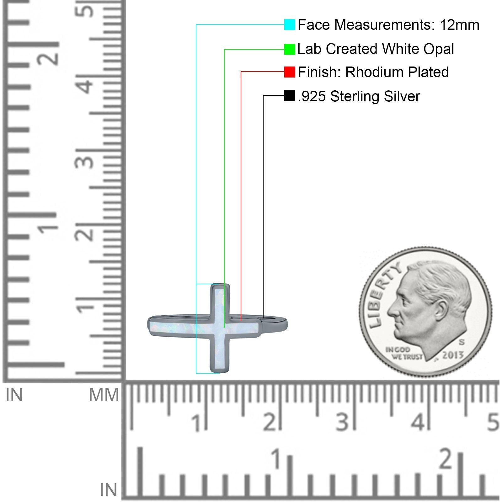 Sideways Cross Ring Rhodium Plated Band Lab Created Opal 925 Sterling Silver (12mm)