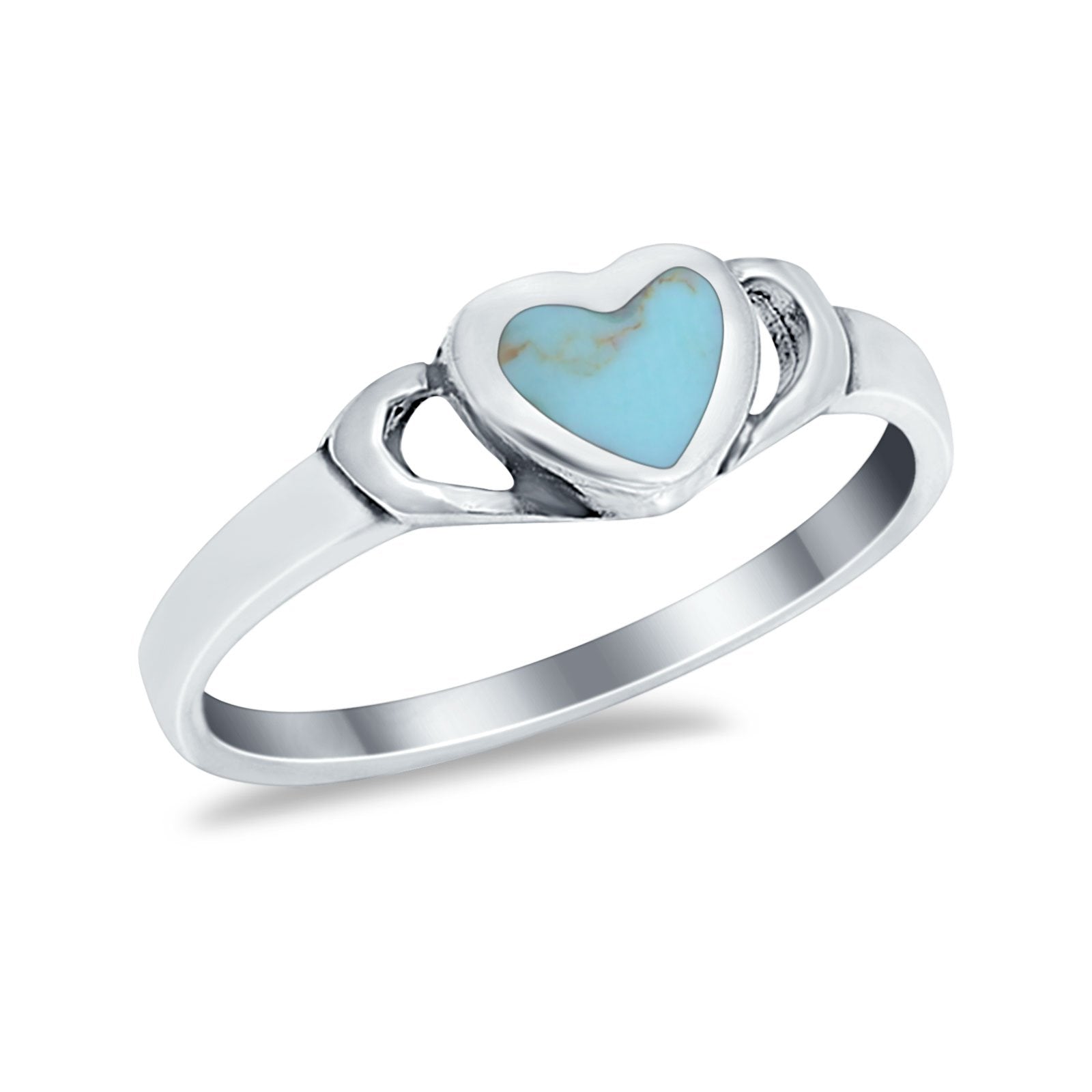Heart Promsie Ring Round Simulated Turquoise Cubic Zirconia 925 Sterling Silver