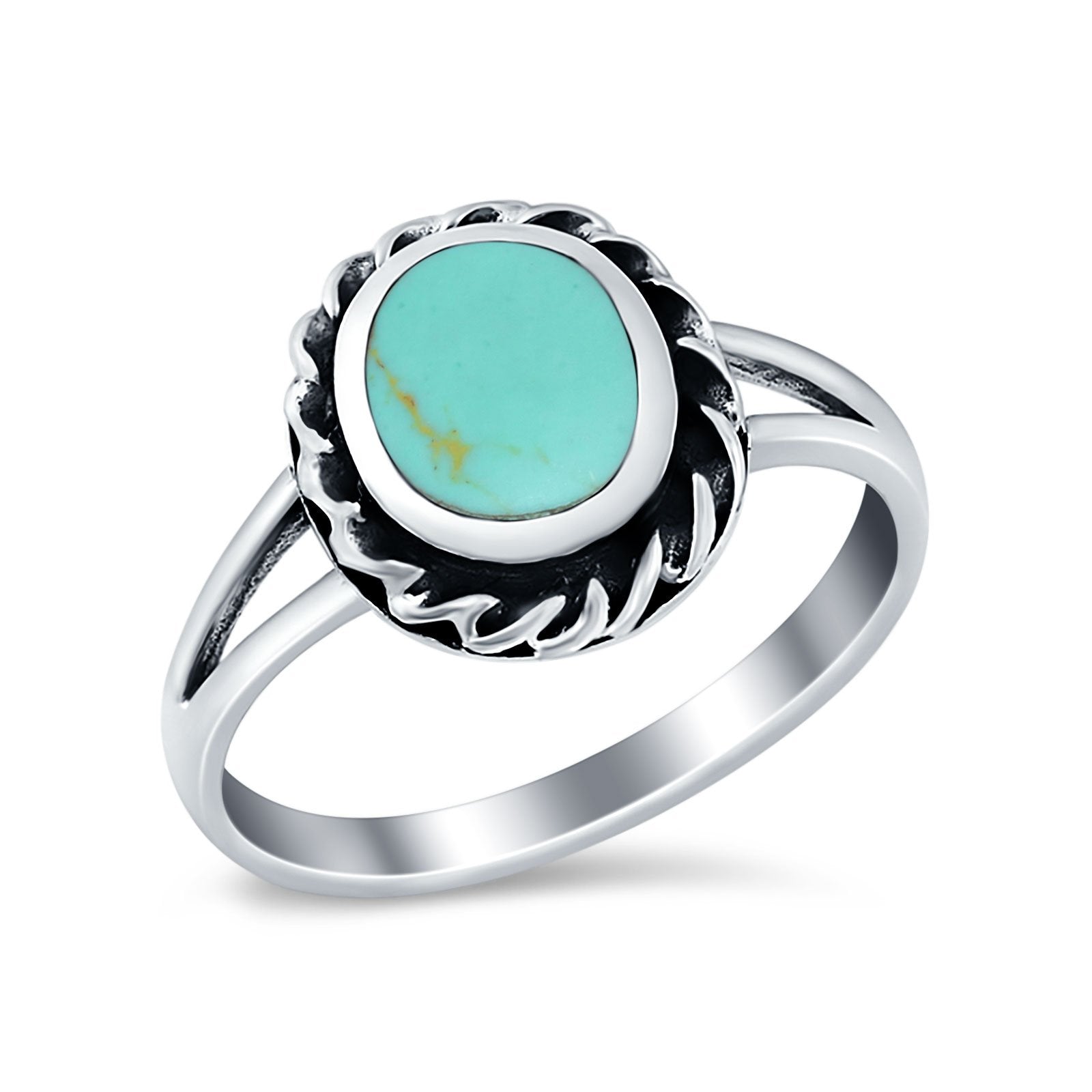 Oval Simulated Turquoise Cubic Zirconia Ring Split Shank Round 925 Sterling Silver