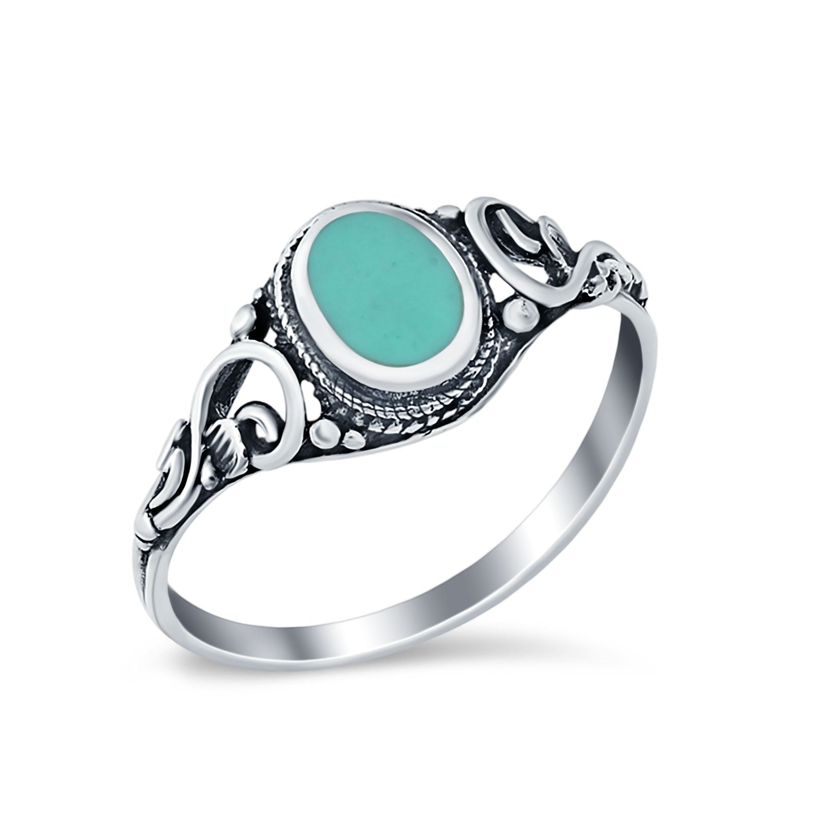 Filigree Oval Simulated Turquoise Cubic Zirconia Ring Round 925 Sterling Silver