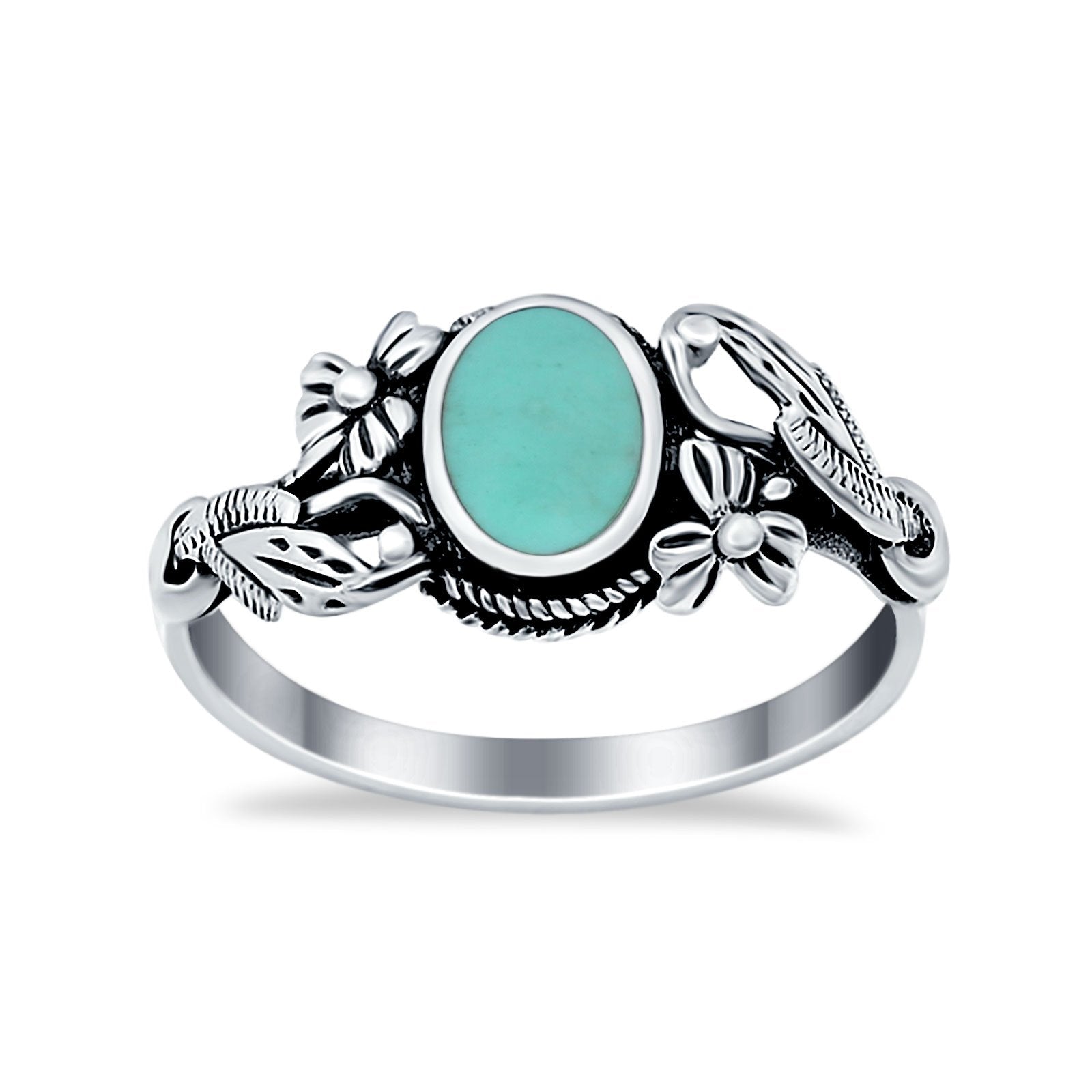 Flower Oval Round Simulated Turquoise Cubic Zirconia Ring 925 Sterling Silver