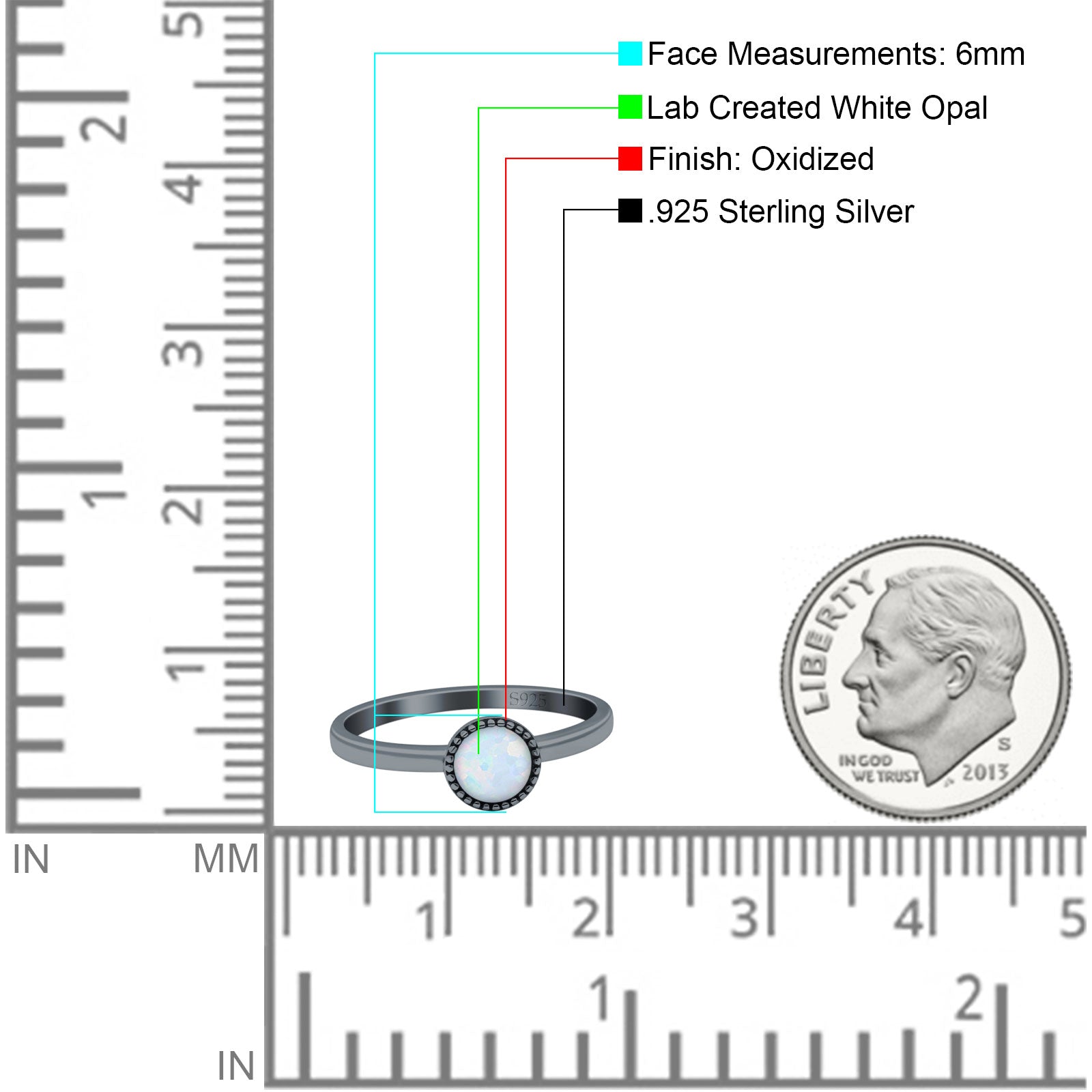 Petite Dainty Lab Opal Ring Solid Round Oxidized 925 Sterling Silver