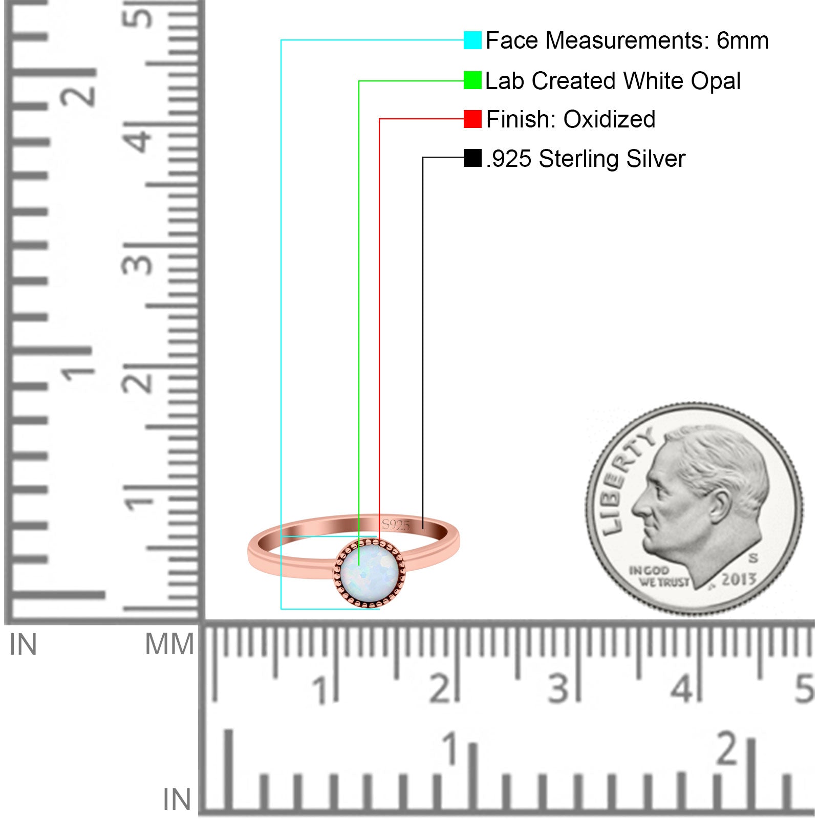 Petite Dainty Lab Opal Ring Solid Round Oxidized 925 Sterling Silver