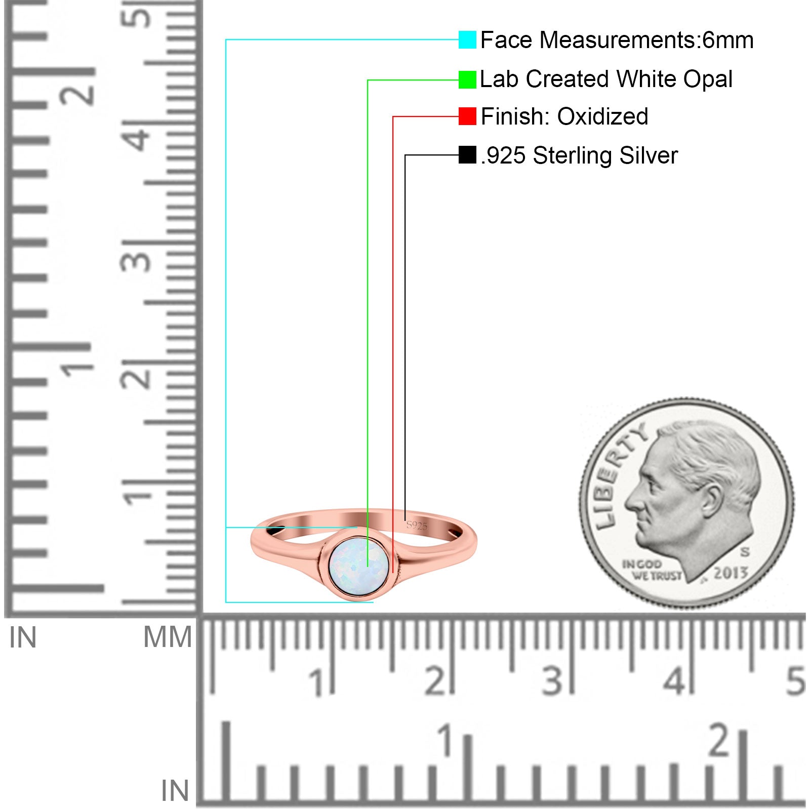 Petite Dainty Round Lab Opal Promise Ring Solid Oxidized 925 Sterling Silver (6mm)