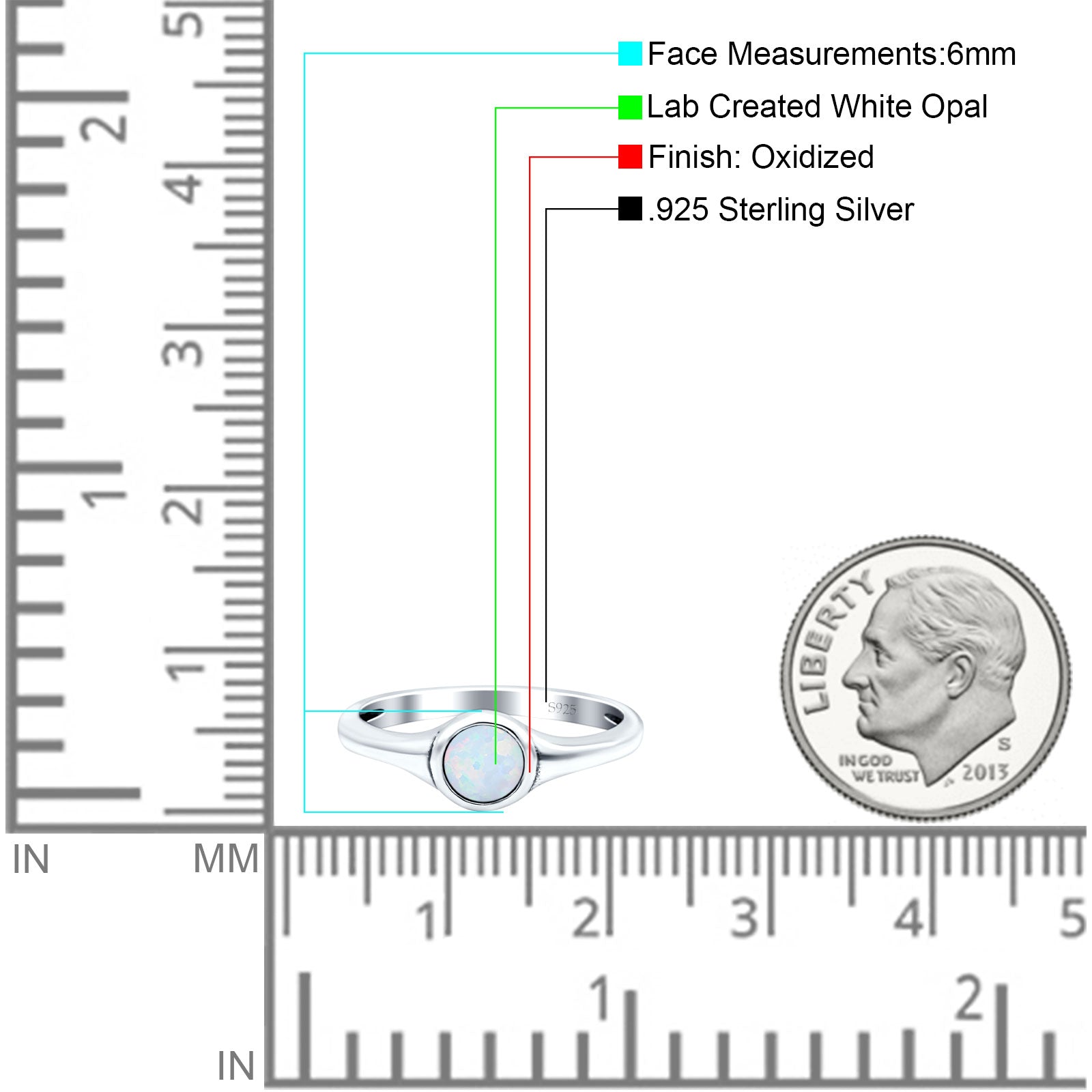 Petite Dainty Round Lab Opal Promise Ring Solid Oxidized 925 Sterling Silver (6mm)