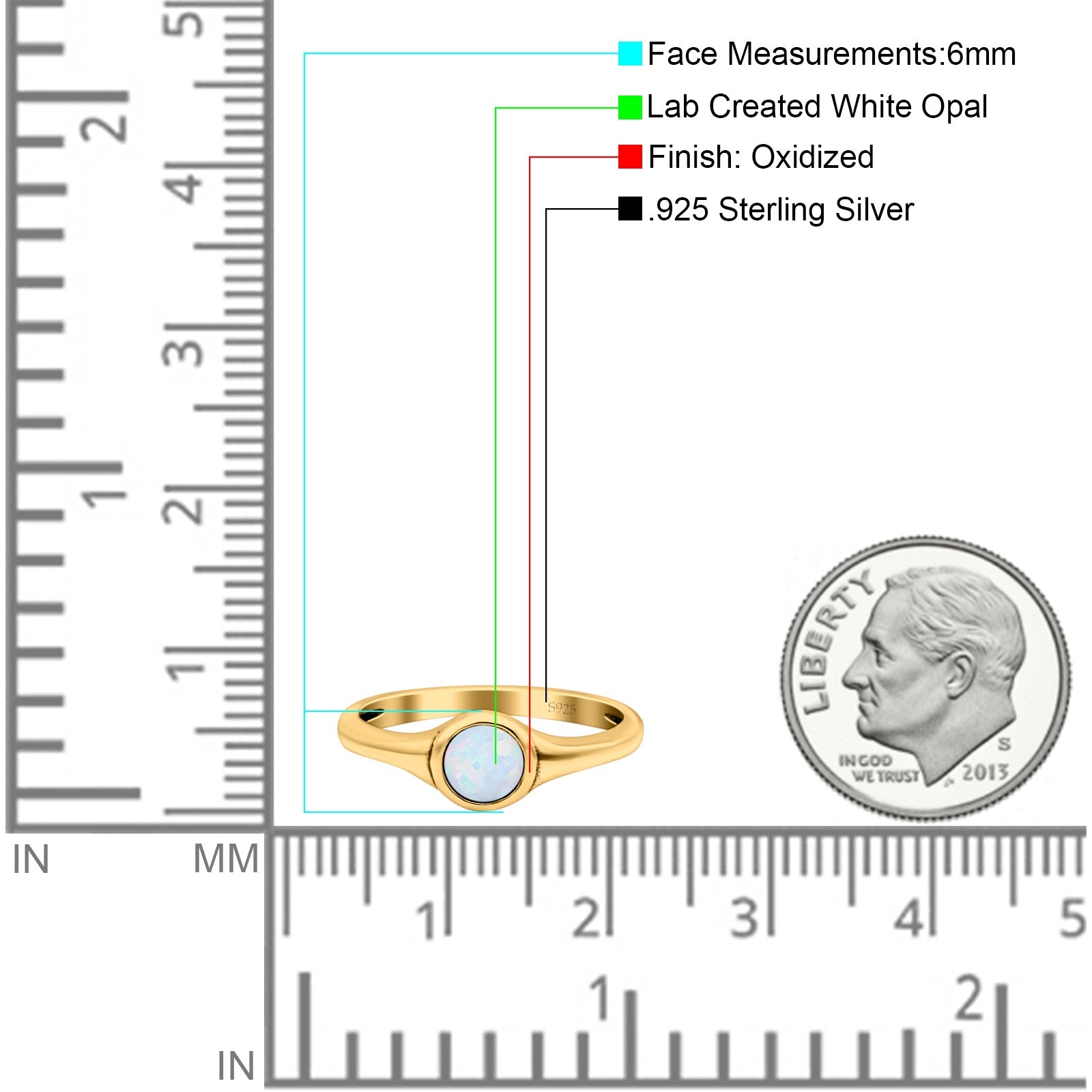 Petite Dainty Round Lab Opal Promise Ring Solid Oxidized 925 Sterling Silver (6mm)