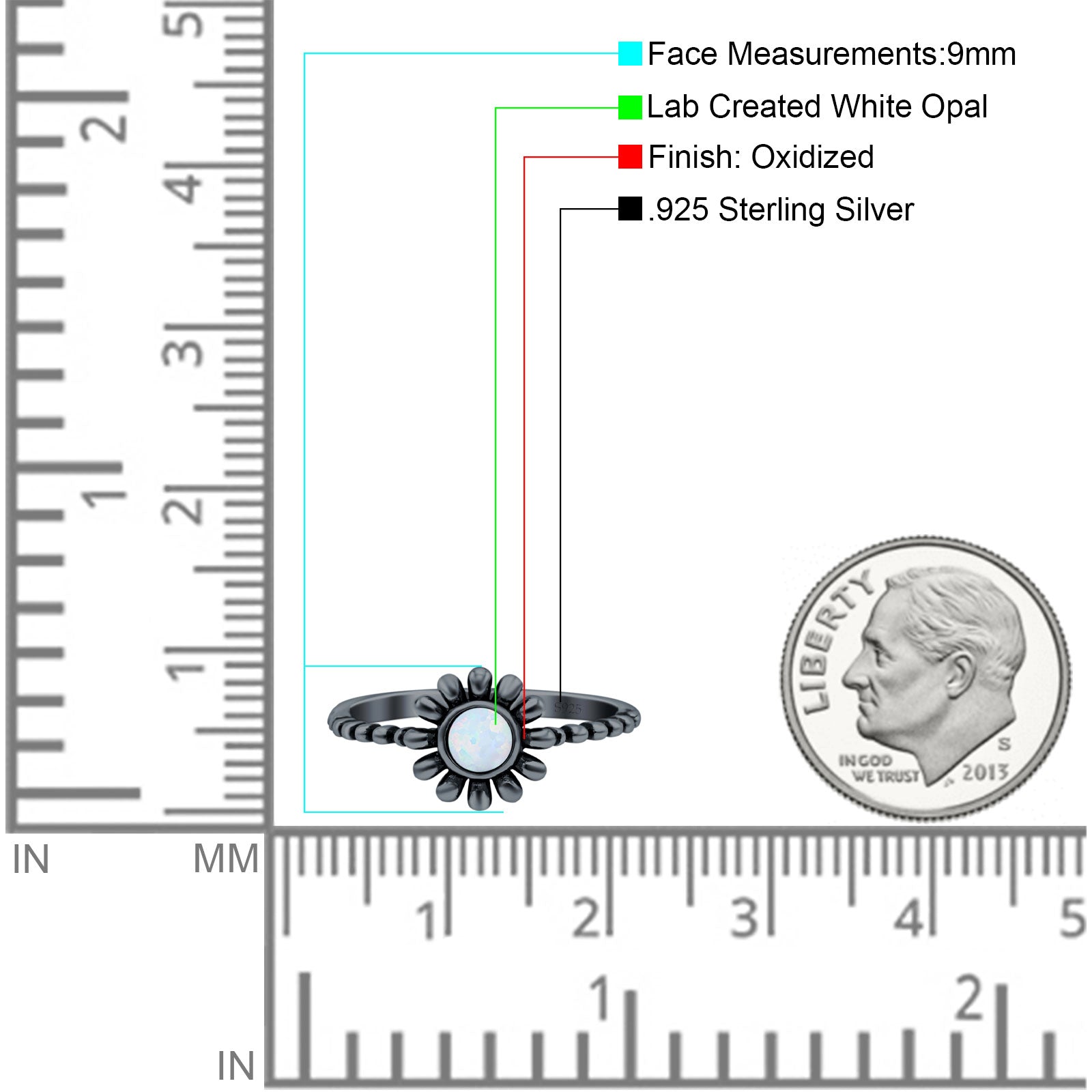 Flower Style Petite Dainty Round Lab Opal Ring Solid Oxidized 925 Sterling Silver (9mm)