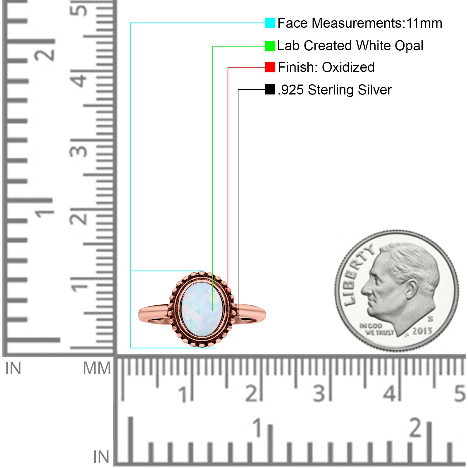 Petite Dainty Lab Opal Ring Solid Round Oxidized 925 Sterling Silver