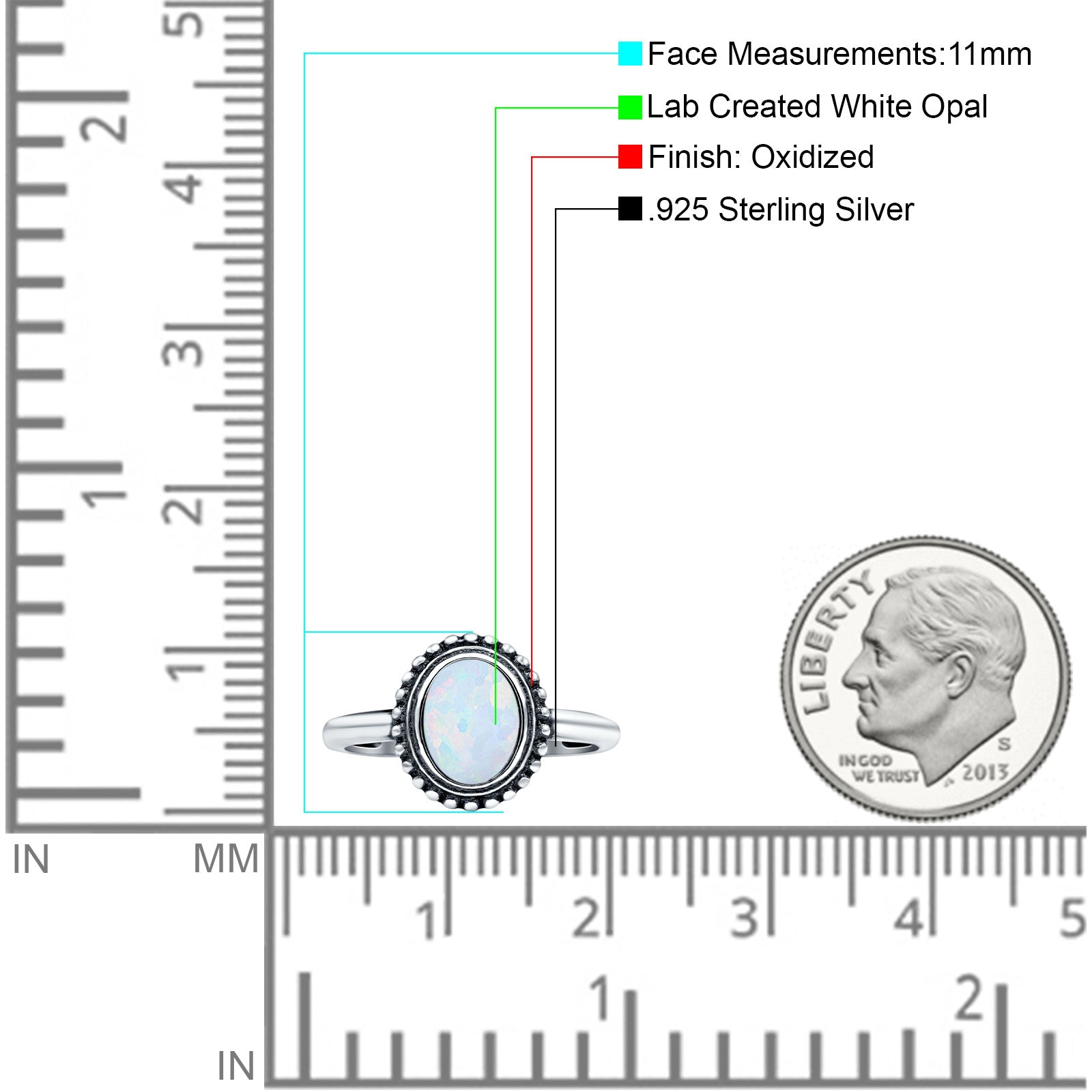 Petite Dainty Lab Opal Ring Solid Round Oxidized 925 Sterling Silver