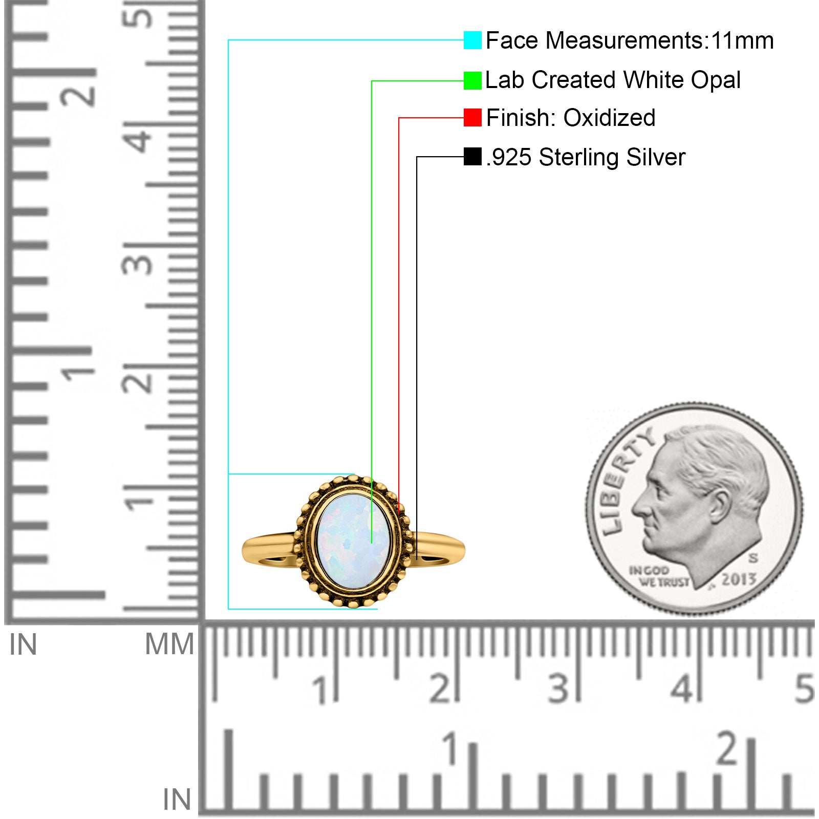 Petite Dainty Lab Opal Ring Solid Round Oxidized 925 Sterling Silver