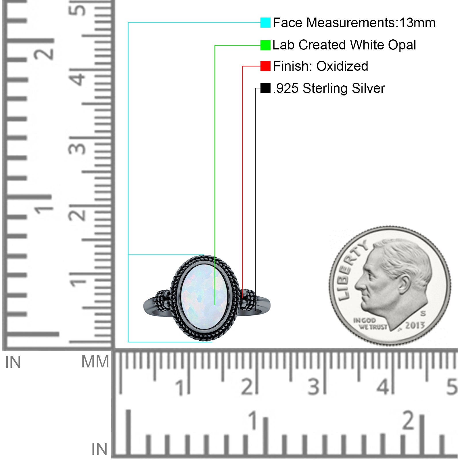 Petite Dainty Vintage Style Lab Opal Ring Solid Oval Oxidized 925 Sterling Silver