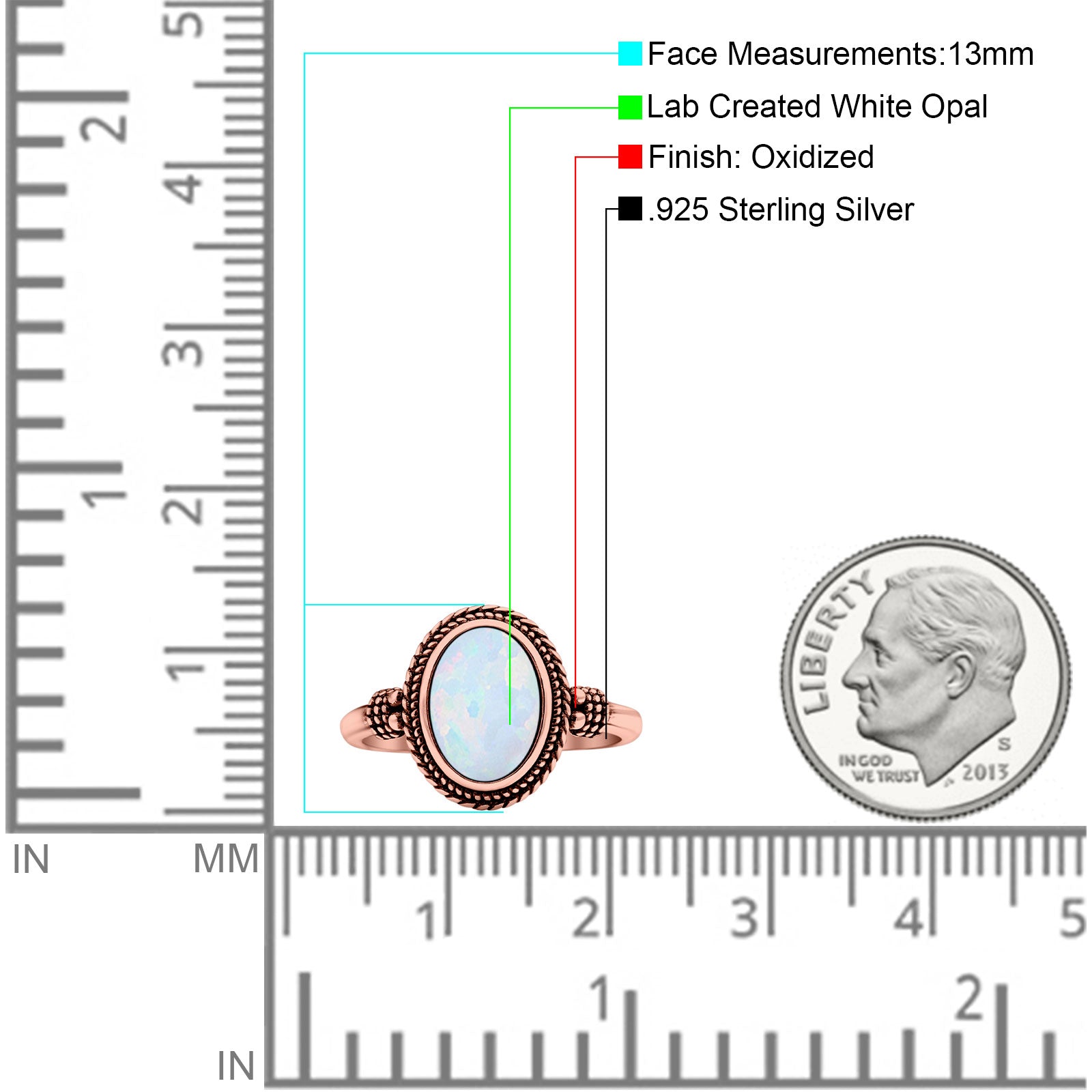 Petite Dainty Vintage Style Lab Opal Ring Solid Oval Oxidized 925 Sterling Silver