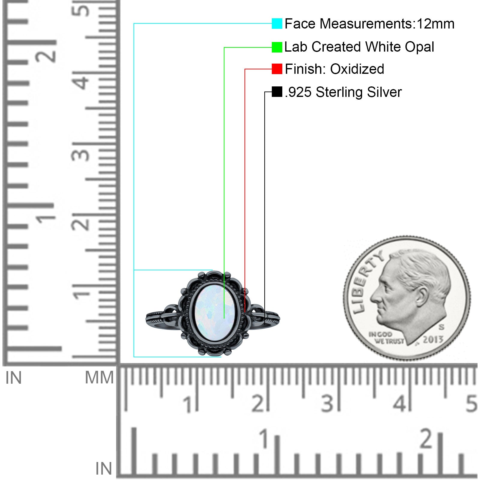 Vintage Style Petite Dainty Lab Opal Ring Solid Oval Oxidized 925 Sterling Silver