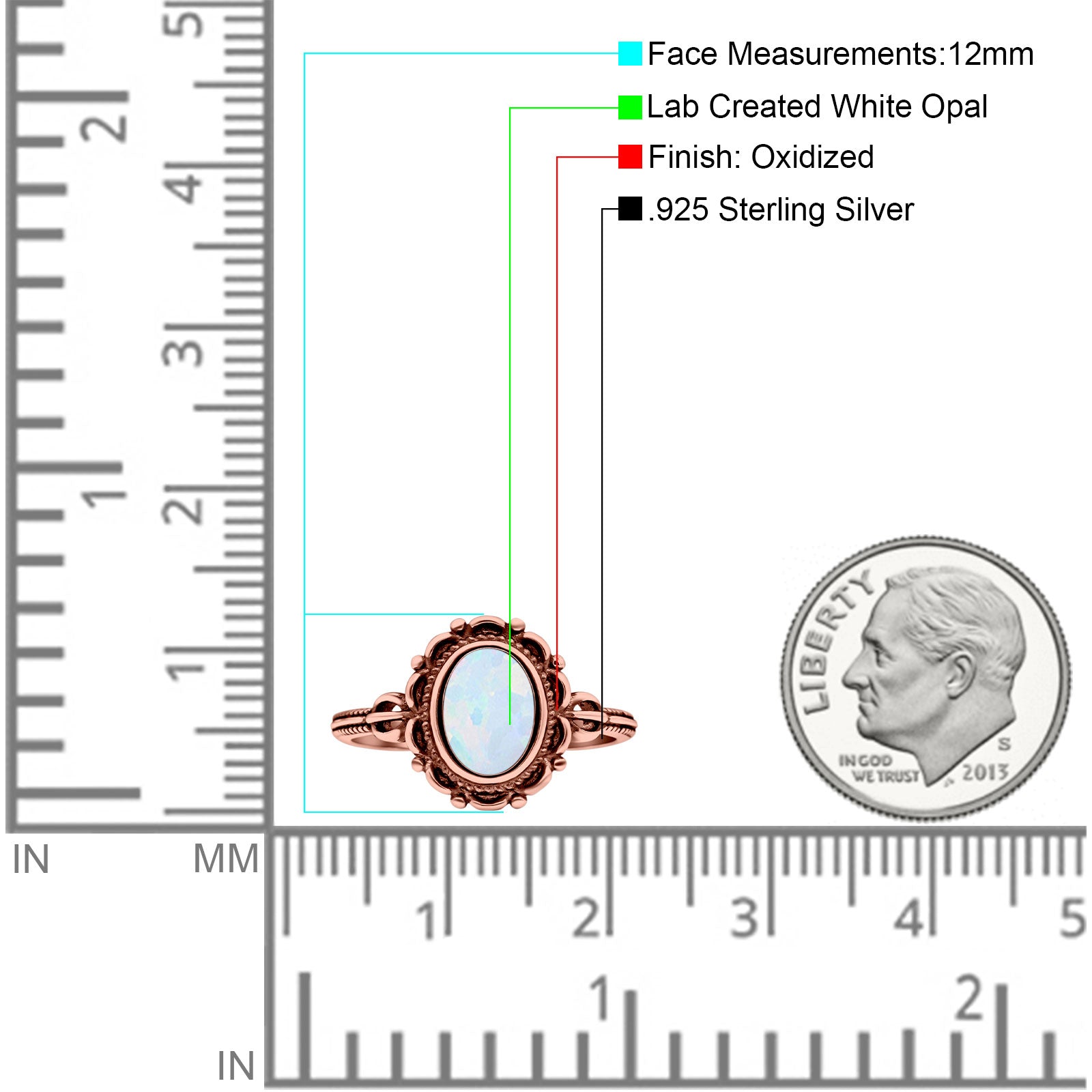 Vintage Style Petite Dainty Lab Opal Ring Solid Oval Oxidized 925 Sterling Silver