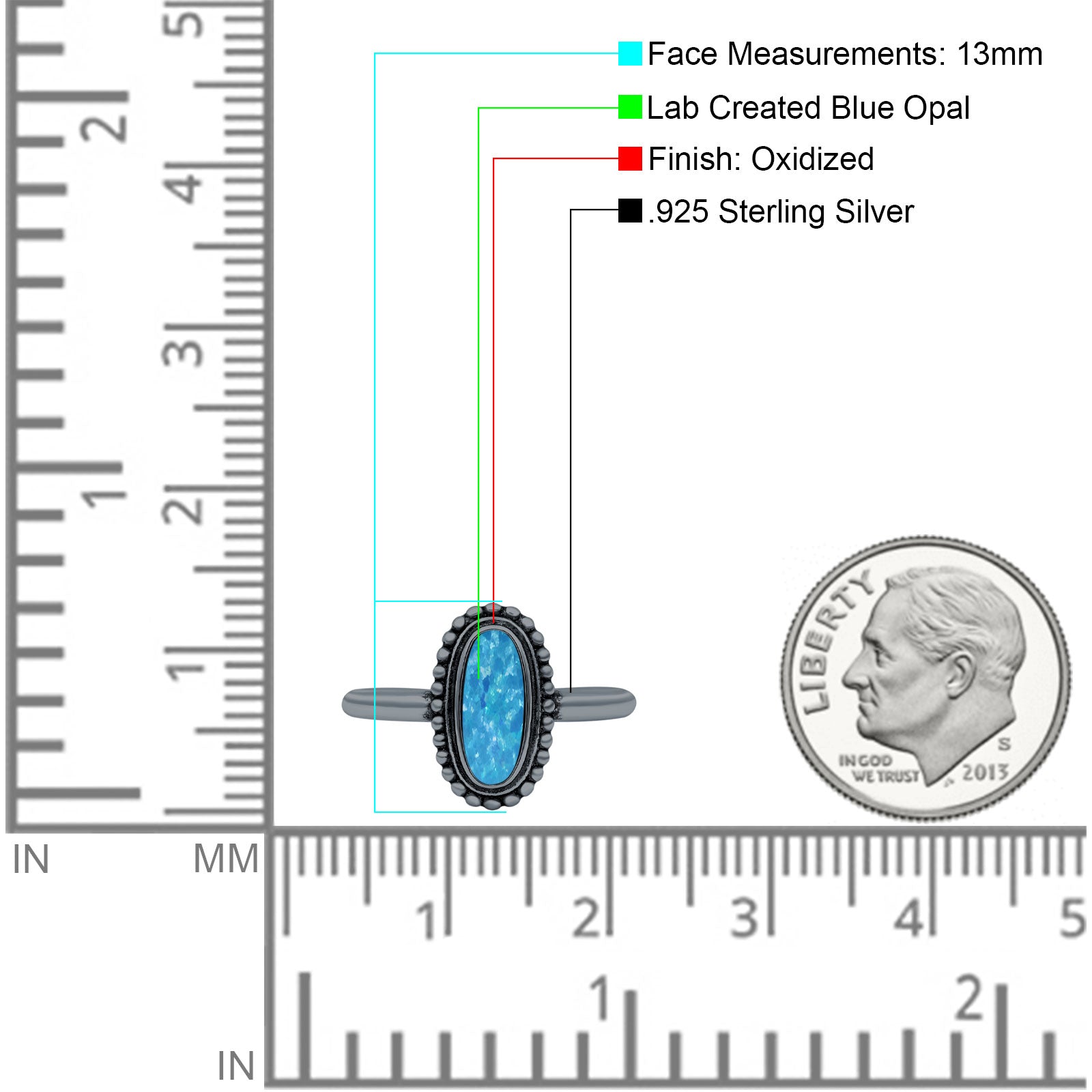 Vintage Style Oval Lab Opal Ring Solid Oxidized 925 Sterling Silver (13mm)