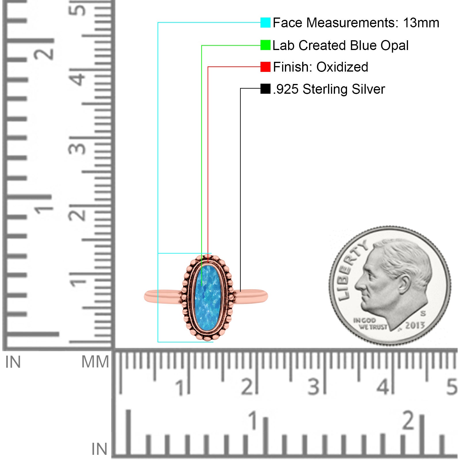 Vintage Style Oval Lab Opal Ring Solid Oxidized 925 Sterling Silver (13mm)