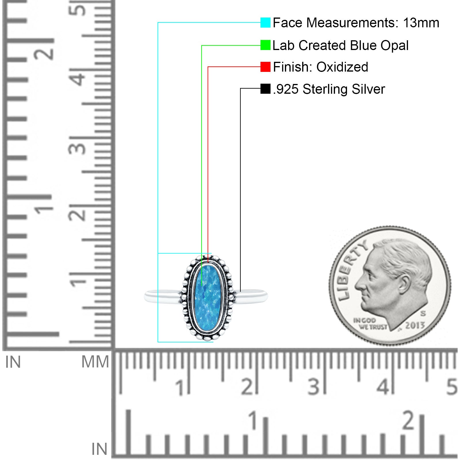 Vintage Style Oval Lab Opal Ring Solid Oxidized 925 Sterling Silver (13mm)