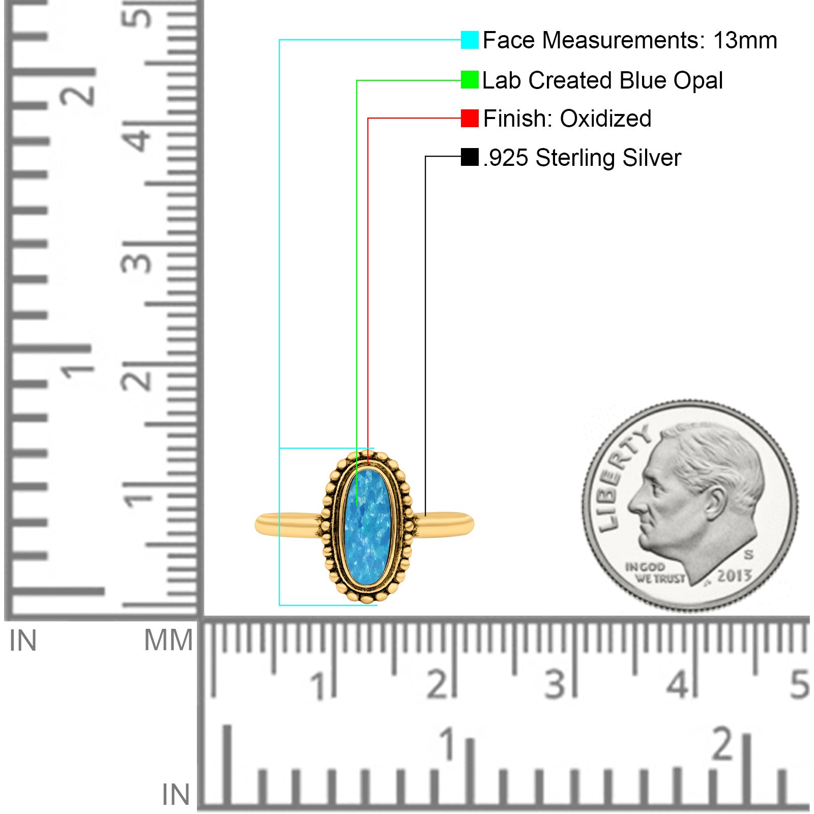 Vintage Style Oval Lab Opal Ring Solid Oxidized 925 Sterling Silver (13mm)